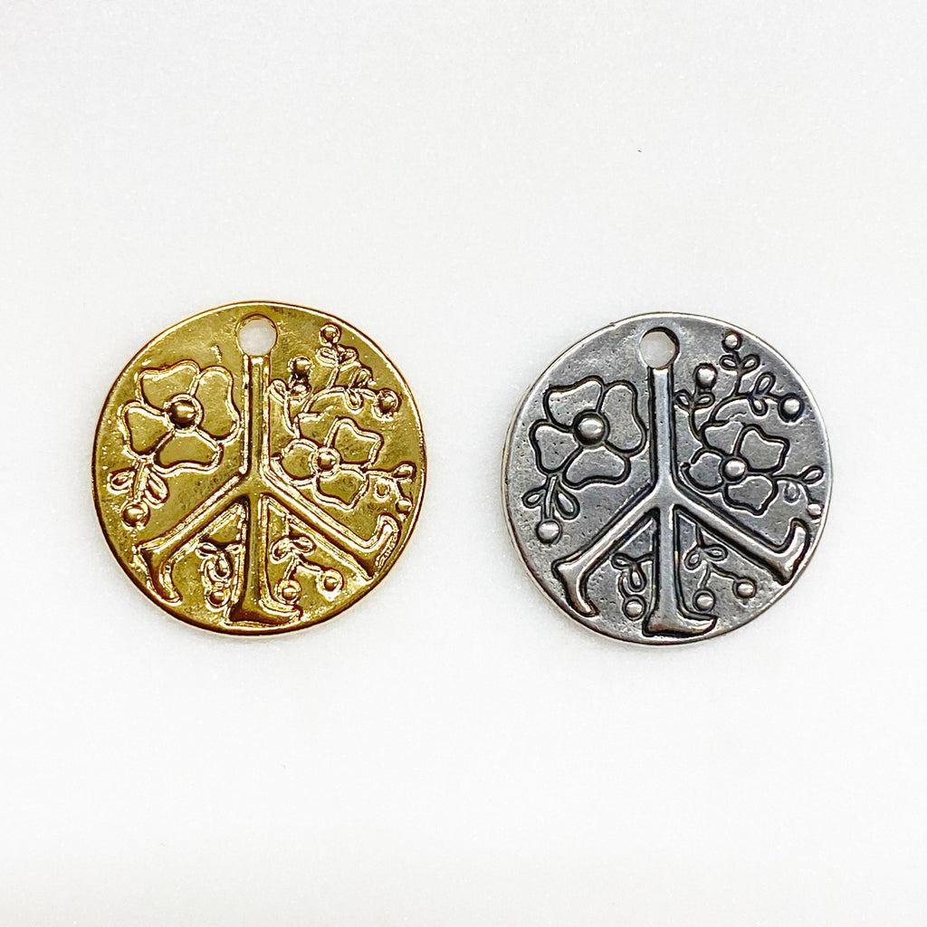 Sterling Silver or Vermeil Floral or Peace Sign Circle Charm Medallion Hippie