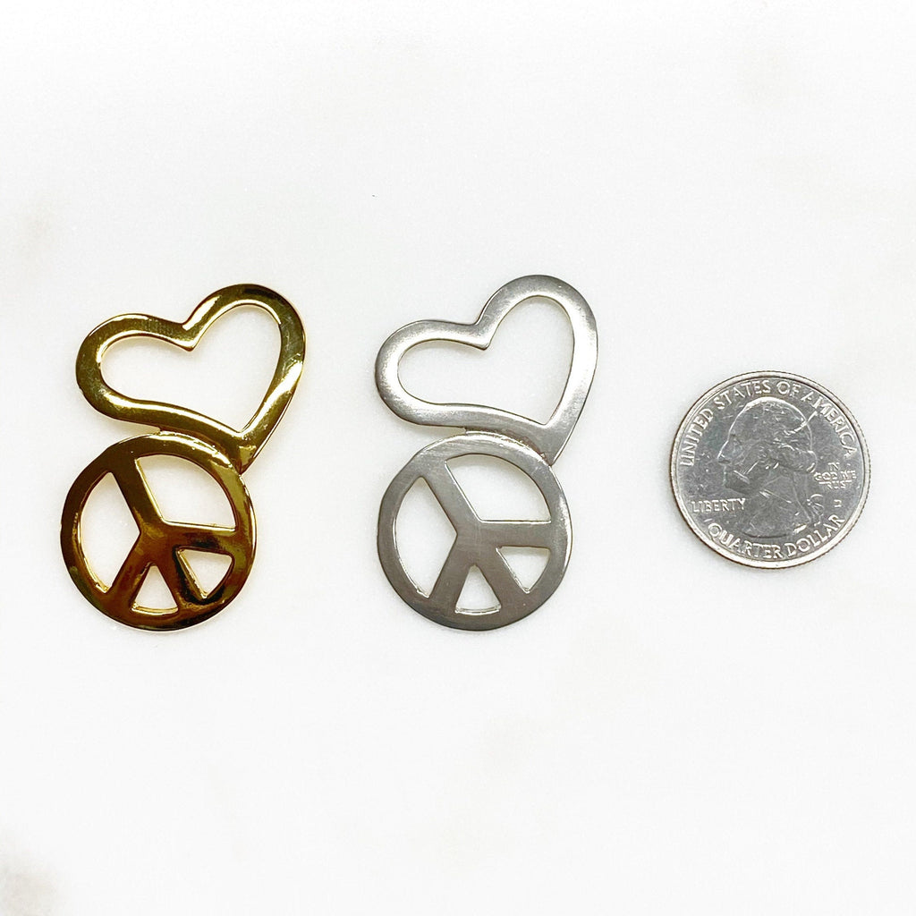 45mmx28mm Sterling Silver or Vermeil or Large Bent Peace Sign and Heart