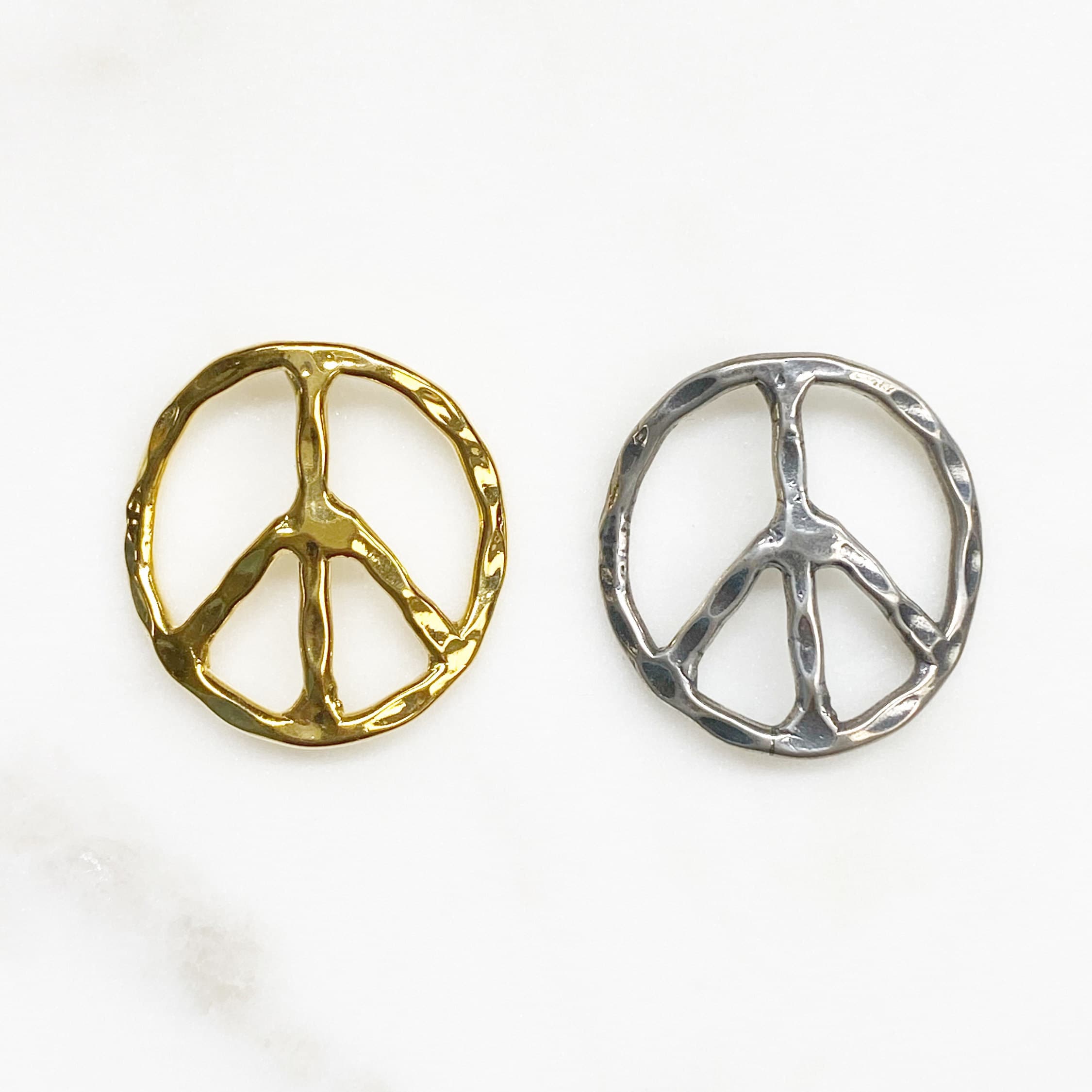 Sterling Silver or Vermeil or Large Bent Hammered Peace Sign Bracelet Pendant