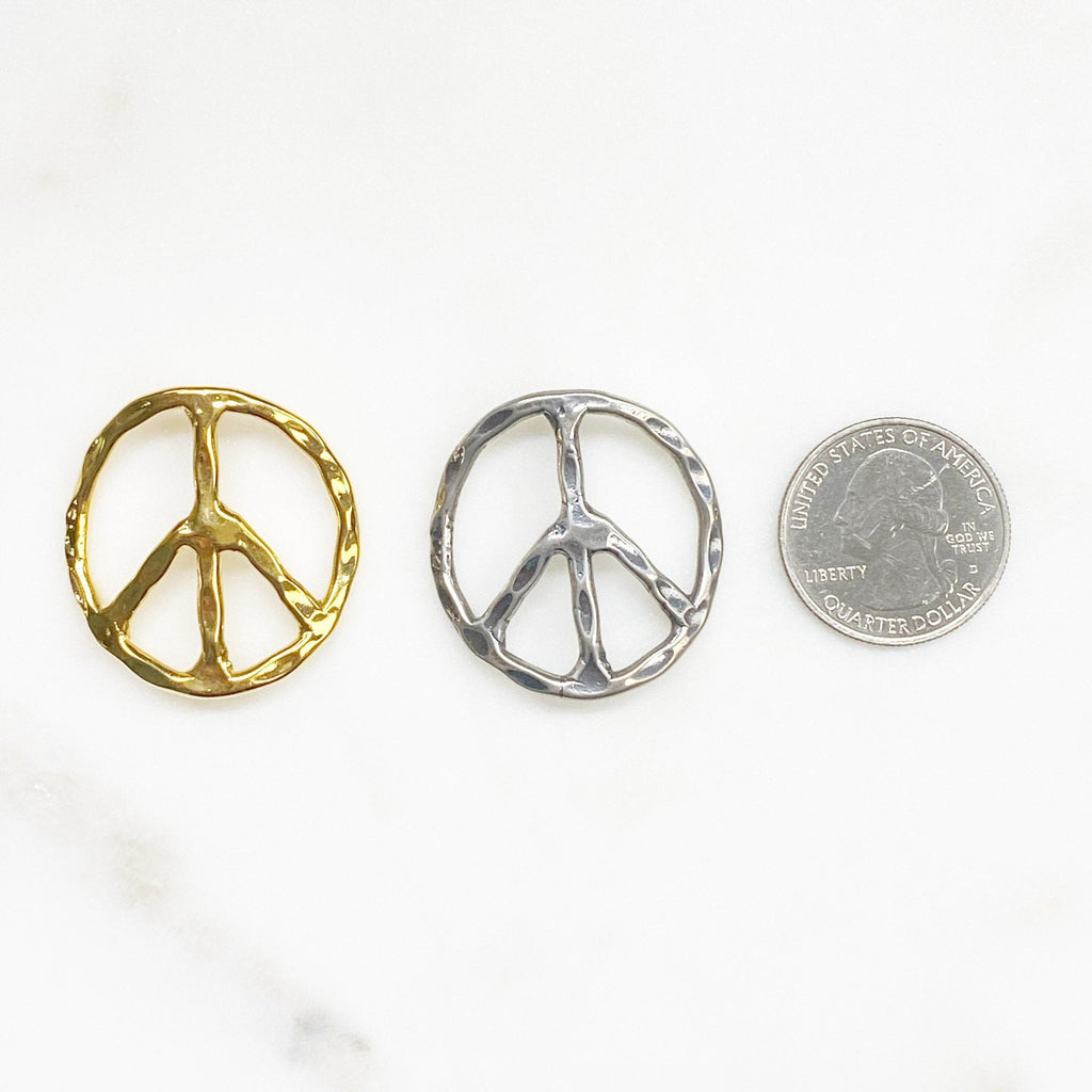 Sterling Silver or Vermeil or Large Bent Hammered Peace Sign Bracelet Pendant