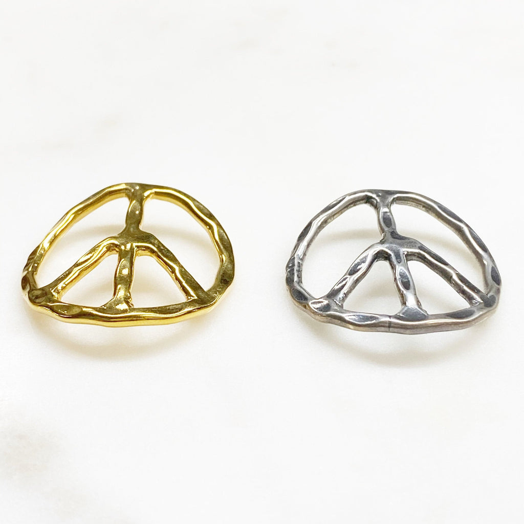 Sterling Silver or Vermeil or Large Bent Hammered Peace Sign Bracelet Pendant