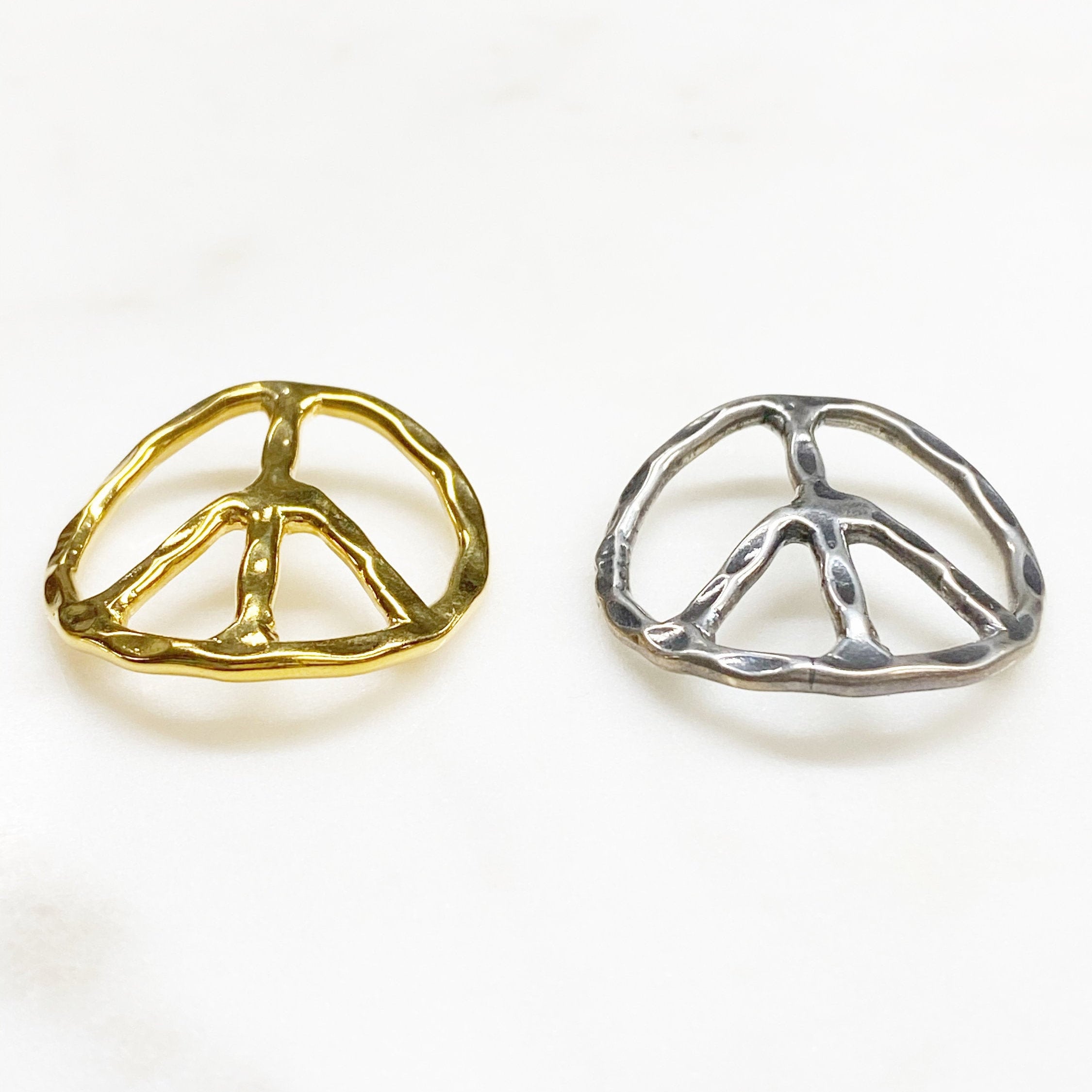 Sterling Silver or Vermeil or Large Bent Hammered Peace Sign Bracelet Pendant
