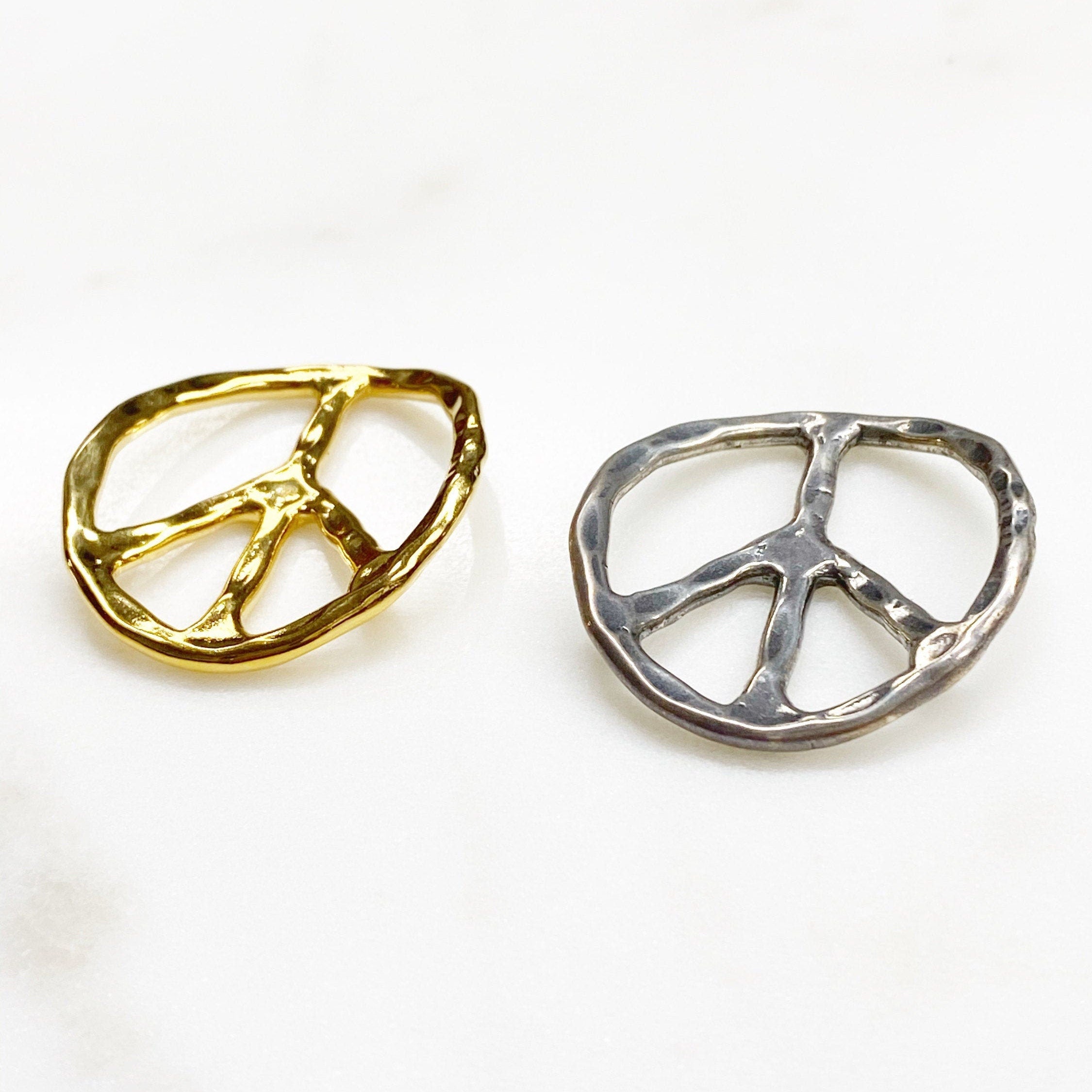 Sterling Silver or Vermeil or Large Bent Hammered Peace Sign Bracelet Pendant