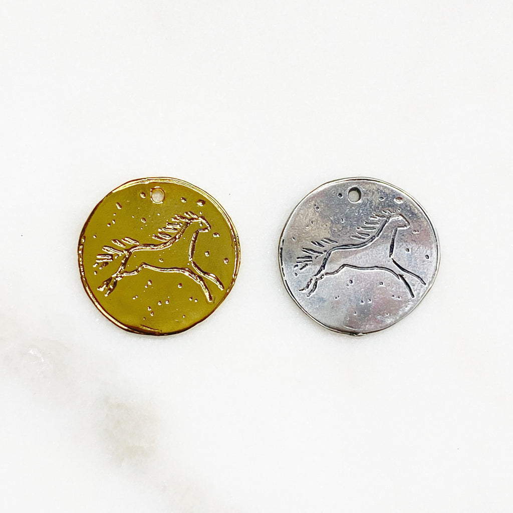 18mm Sterling Silver or Vermeil Horse Drawing Circle Coin Medallion Charm