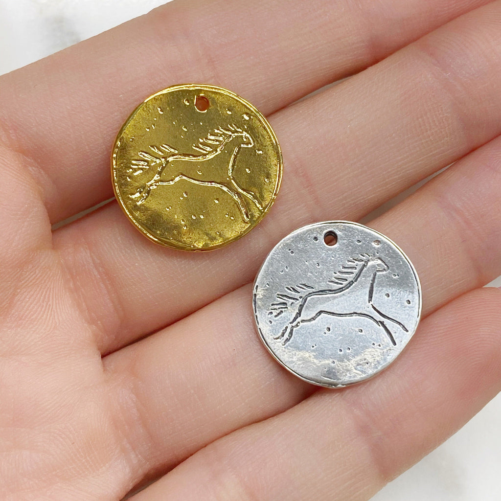 18mm Sterling Silver or Vermeil Horse Drawing Circle Coin Medallion Charm