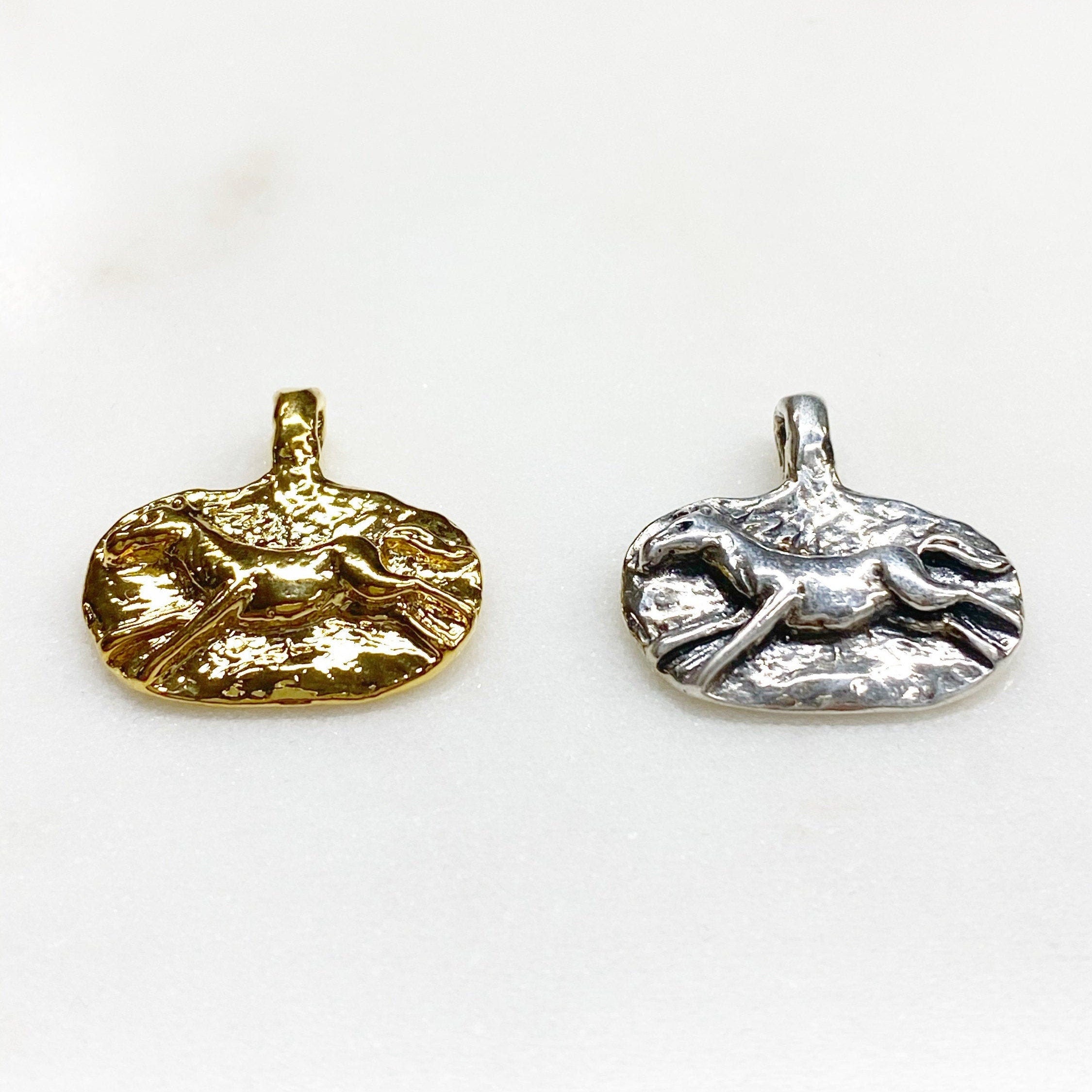Sterling Silver or Vermeil Thick Textured Oval Pendant with Running Horse Good