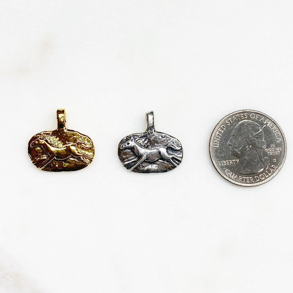 Sterling Silver or Vermeil Thick Textured Oval Pendant with Running Horse Good