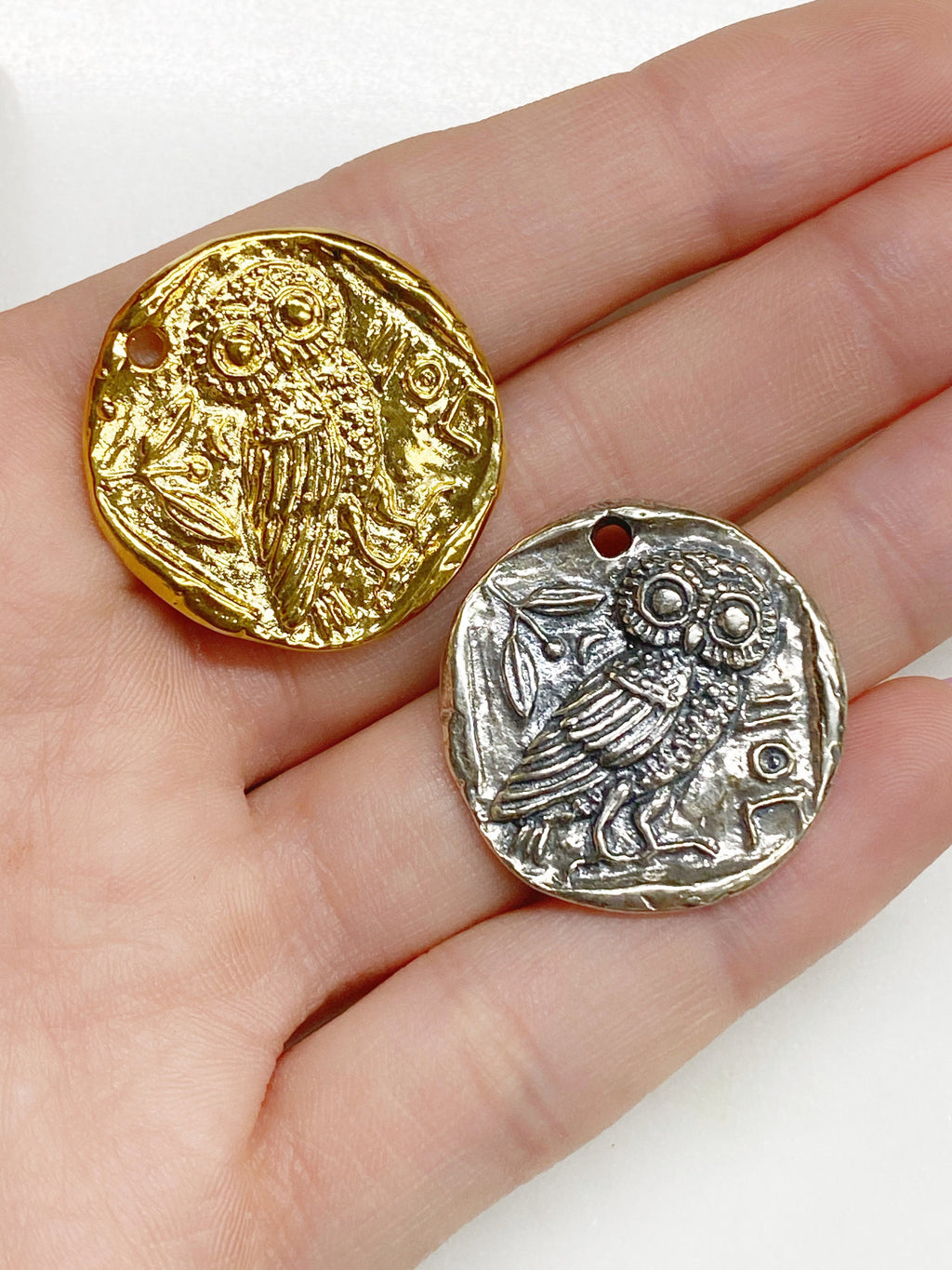 25mm Sterling Silver or Vermeil Raised Owl Coin Medallion Pendant