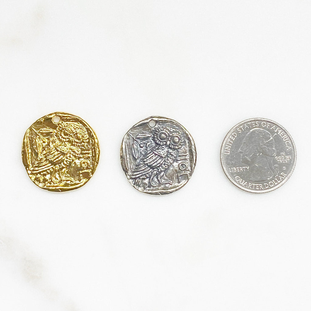 25mm Sterling Silver or Vermeil Raised Owl Coin Medallion Pendant