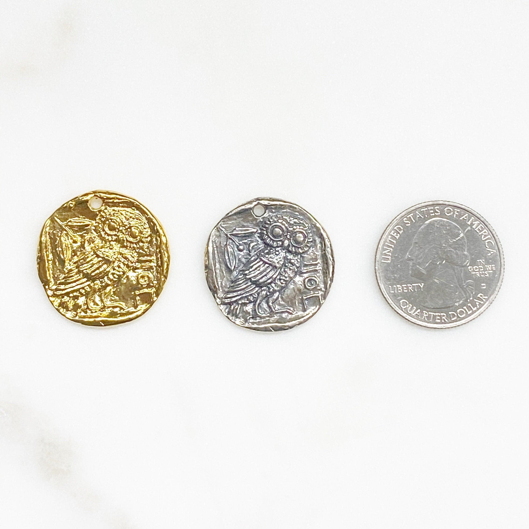 25mm Sterling Silver or Vermeil Raised Owl Coin Medallion Pendant