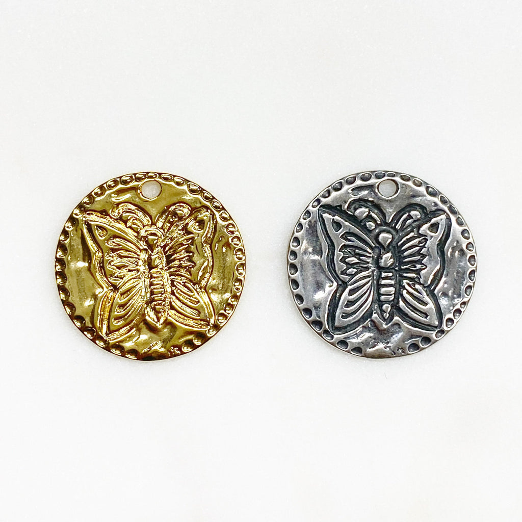 21mm Sterling Silver or Vermeil Stamped Butterfly Coin Medallion Pendant
