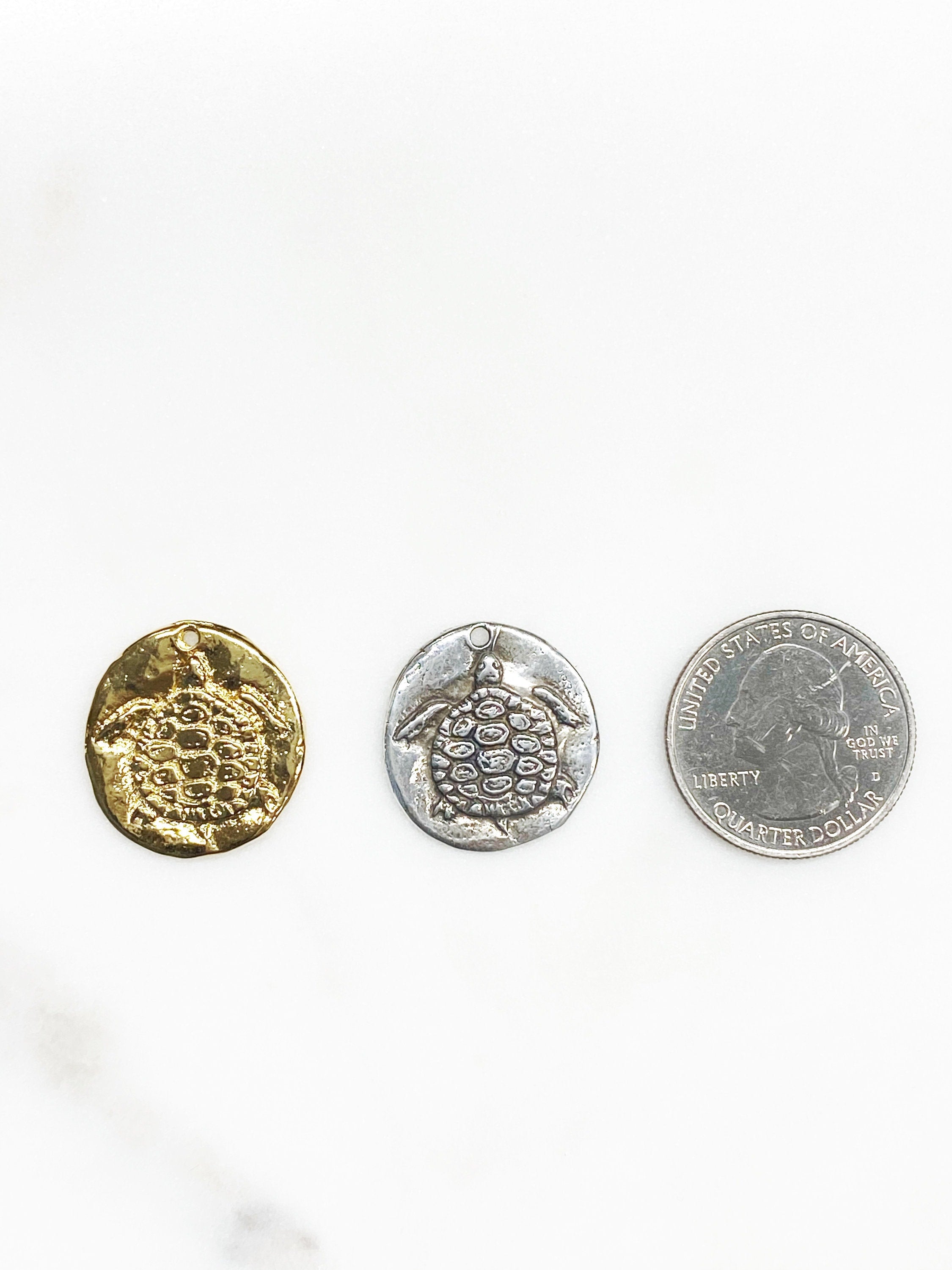21mmx22mm Sterling Silver or Vermeil Raised Turtle Coin Medallion Pendant