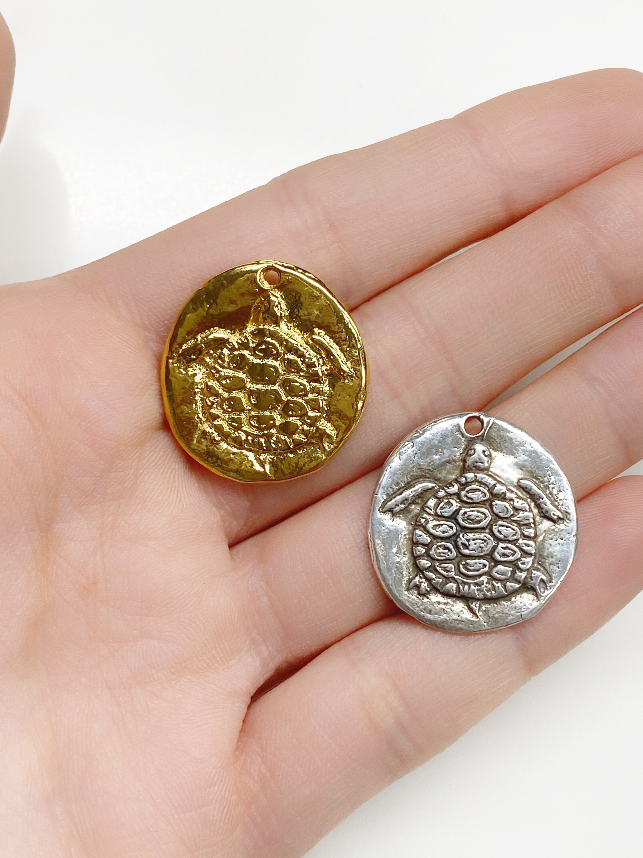 21mmx22mm Sterling Silver or Vermeil Raised Turtle Coin Medallion Pendant
