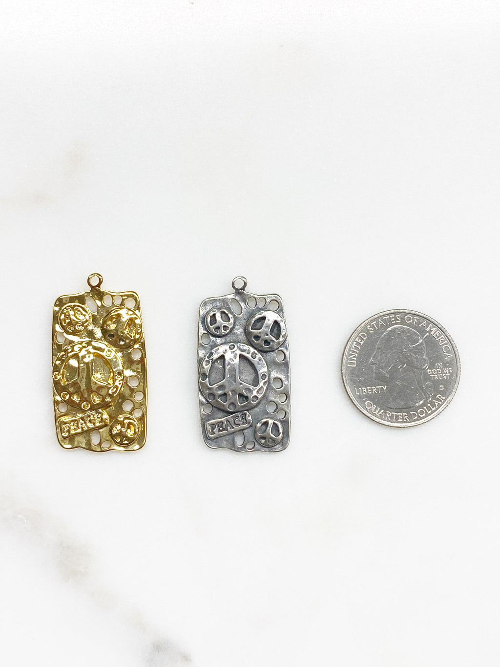 Sterling Silver or Vermeil Large or Multi-Peace Sign 3D Rectangle Charm Hippie