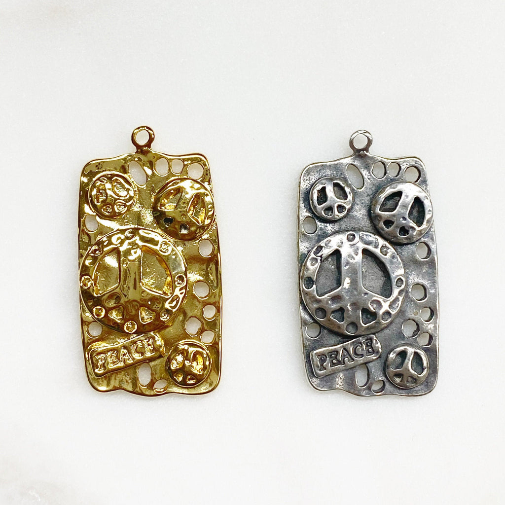 Sterling Silver or Vermeil Large or Multi-Peace Sign 3D Rectangle Charm Hippie