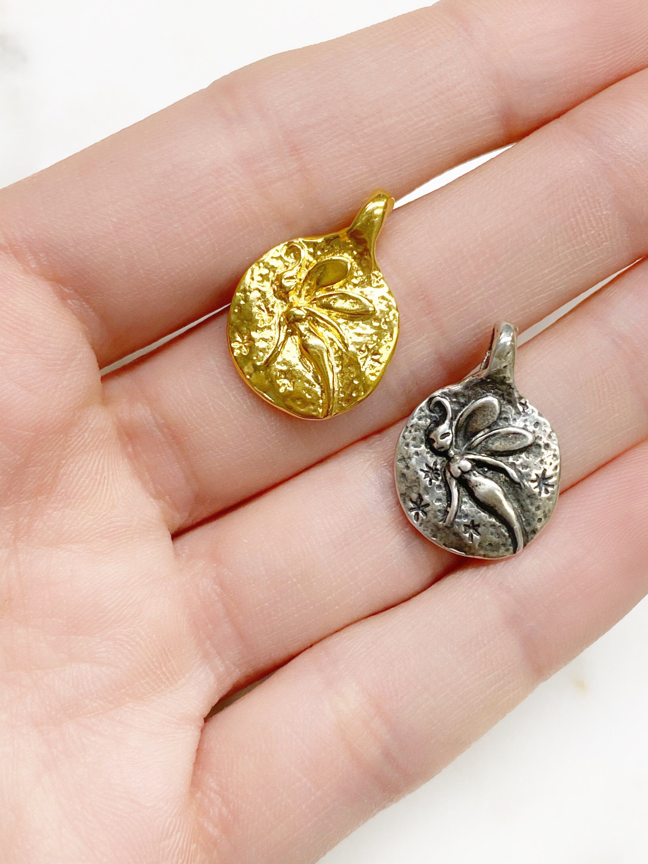 Sterling Silver or Vermeil or Round Raised Flying Fairy Pixie Circle Disk