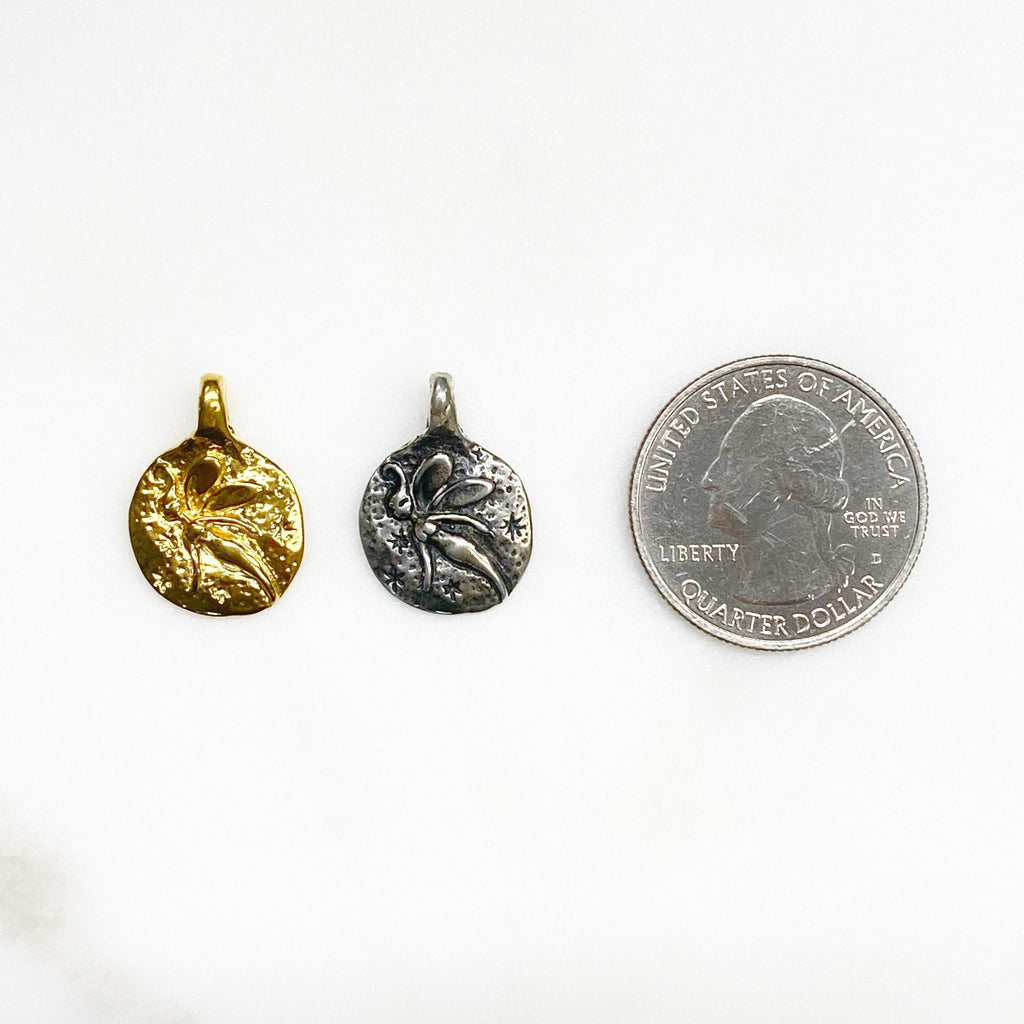 Sterling Silver or Vermeil or Round Raised Flying Fairy Pixie Circle Disk