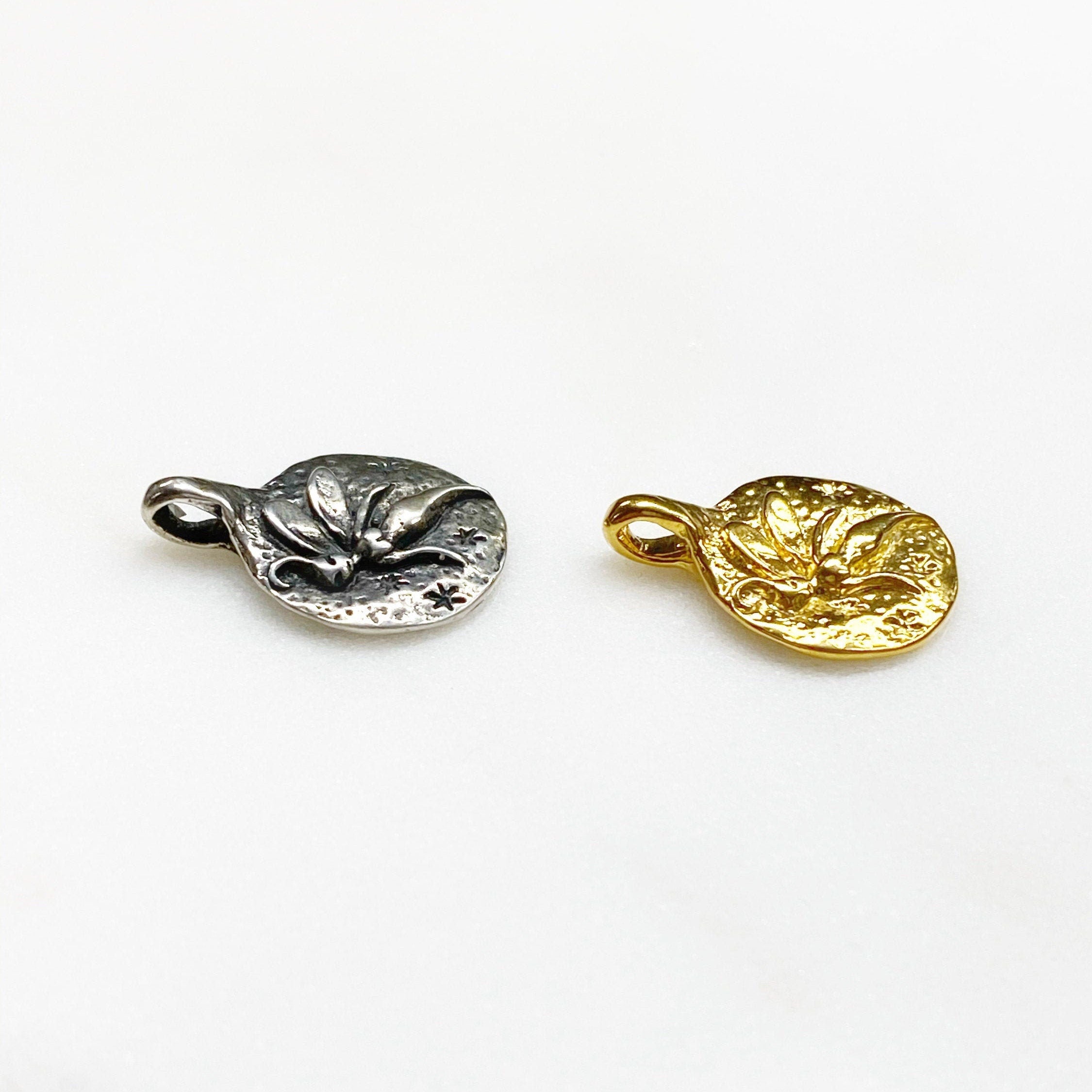 Sterling Silver or Vermeil or Round Raised Flying Fairy Pixie Circle Disk