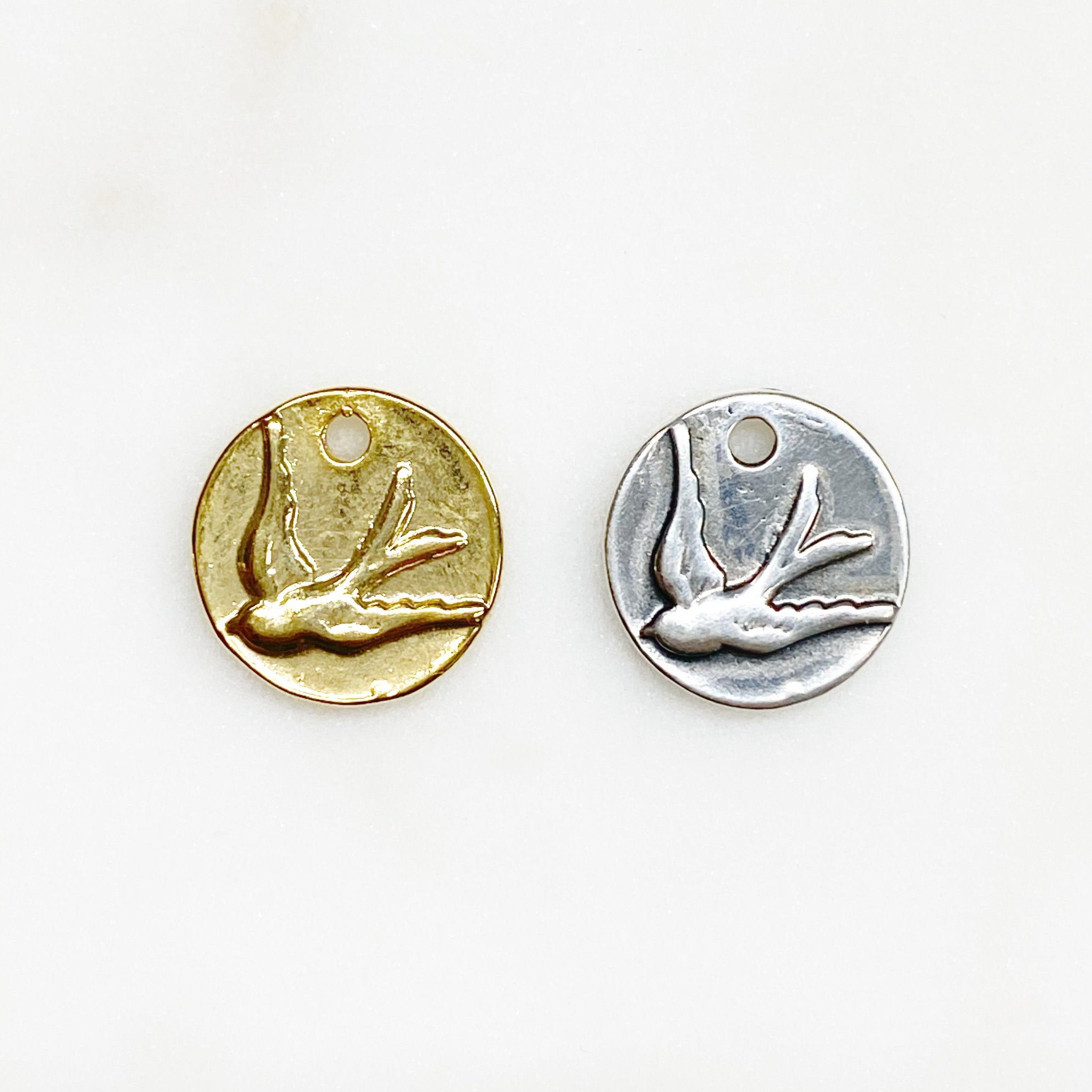 14mm Sterling Silver or Vermeil Thick Raised Bird Sparrow Coin Medallion