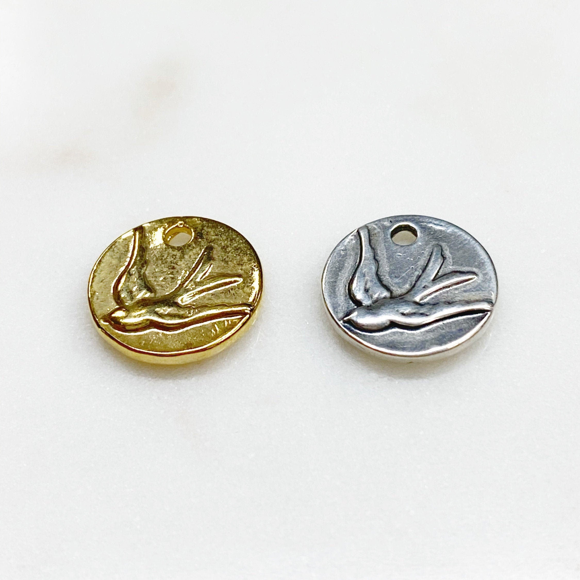 14mm Sterling Silver or Vermeil Thick Raised Bird Sparrow Coin Medallion