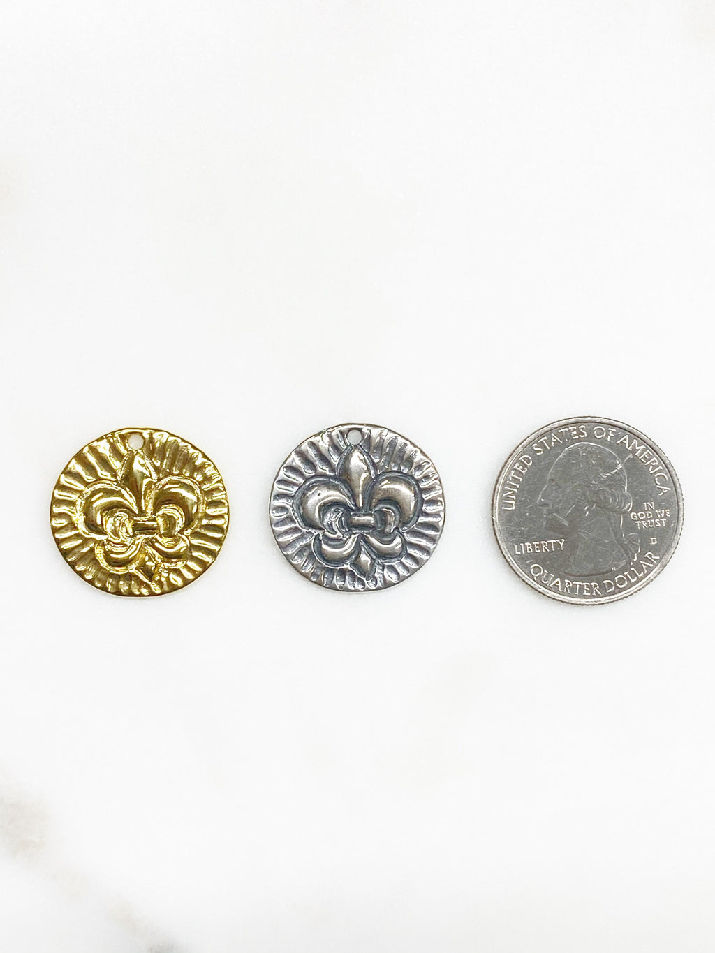 22mm Sterling Silver or Vermeil Etched or Fleur De Lis Double Sided Coin