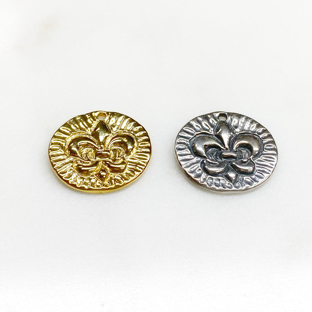 22mm Sterling Silver or Vermeil Etched or Fleur De Lis Double Sided Coin