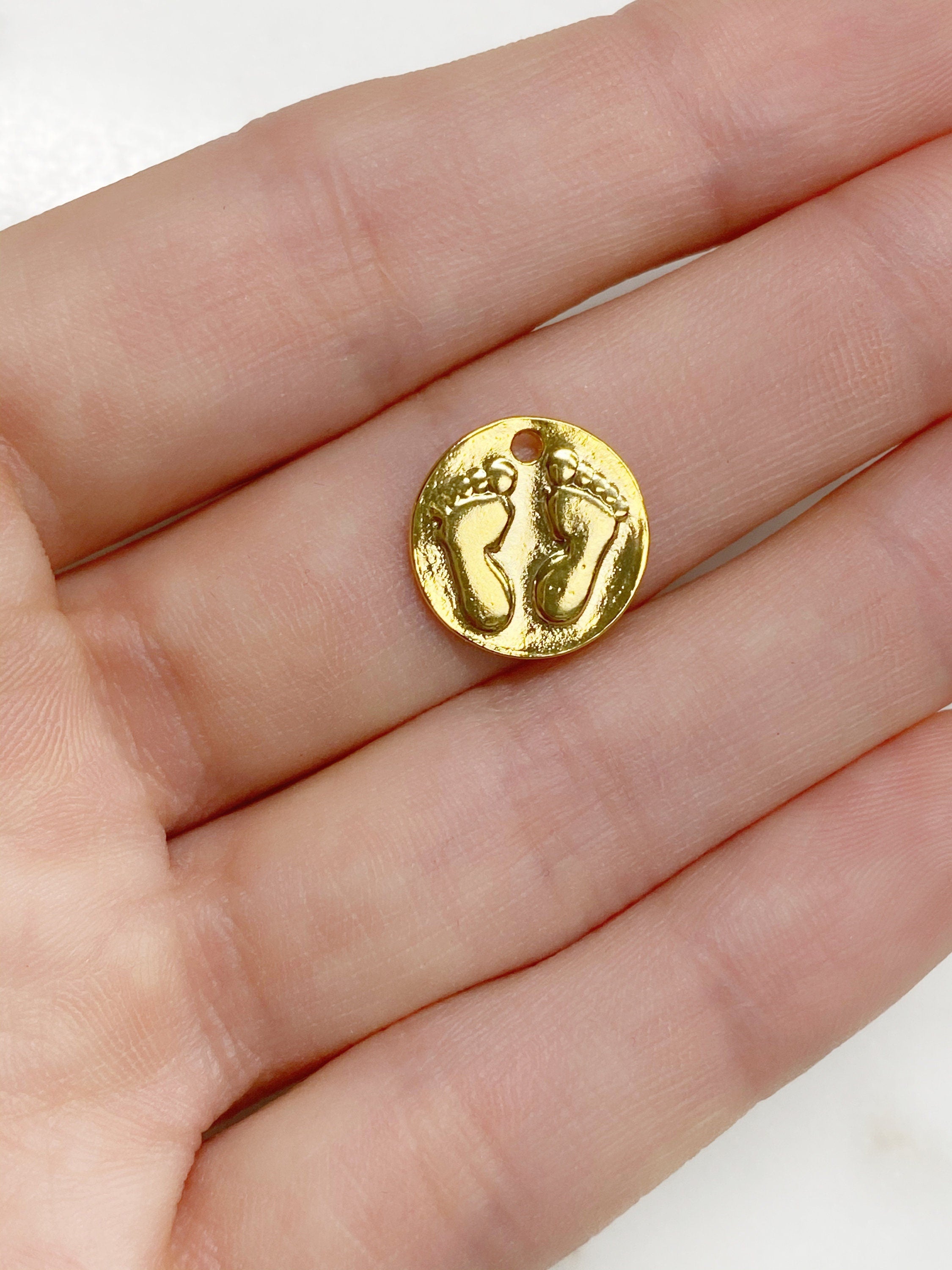 12mm Vermeil Foot Print Mini Coin Charm Gold Feet Coin Charm Charms