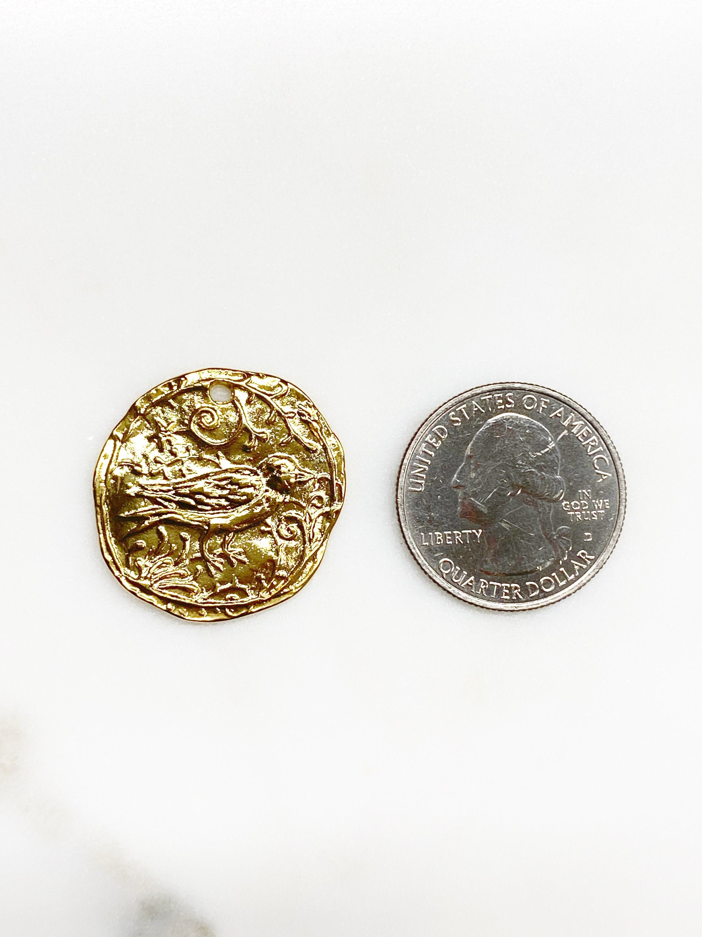 26mm Vermeil Detailed Bird Charm Bird Animal Textured Coin Charm