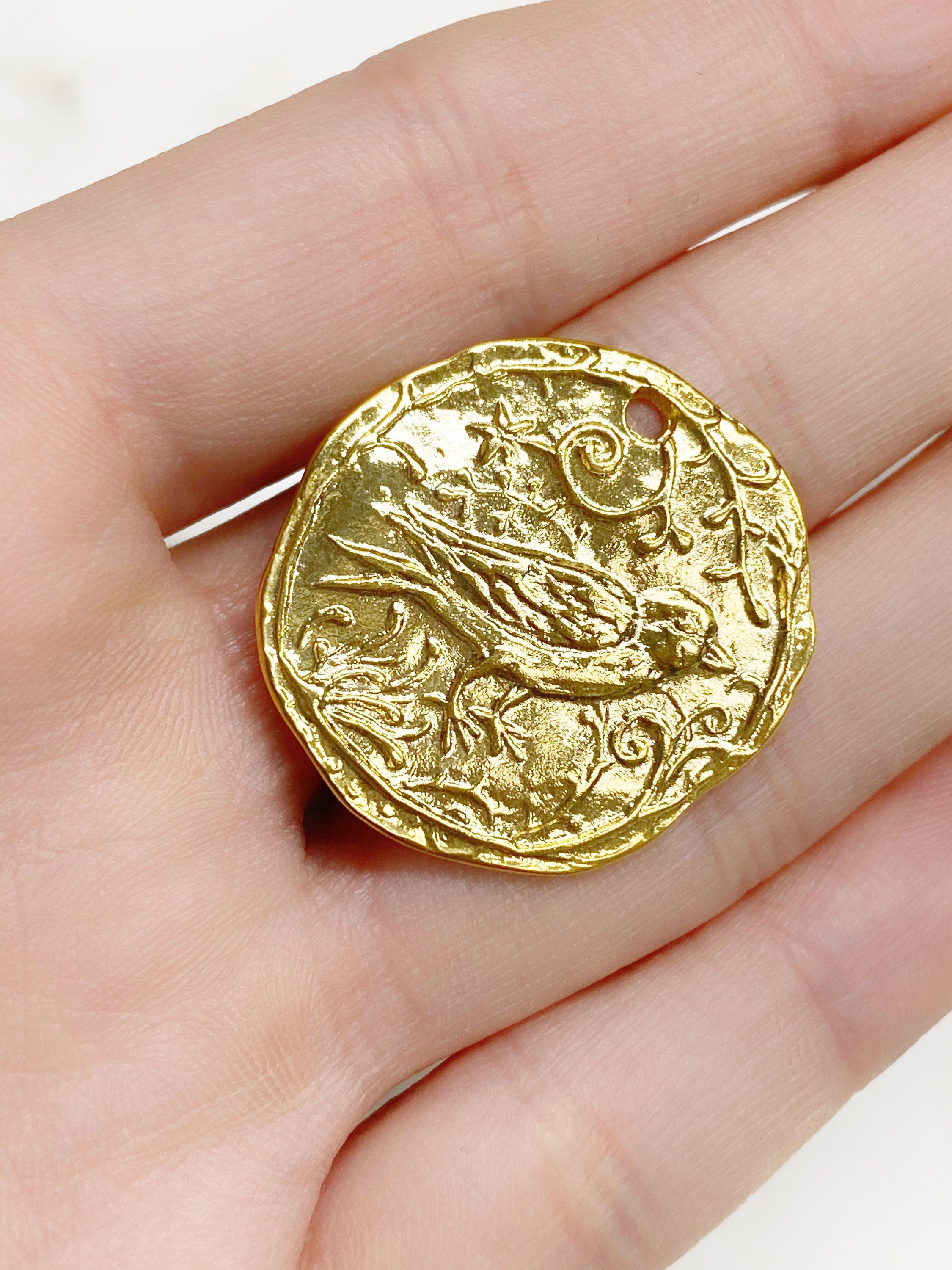 26mm Vermeil Detailed Bird Charm Bird Animal Textured Coin Charm