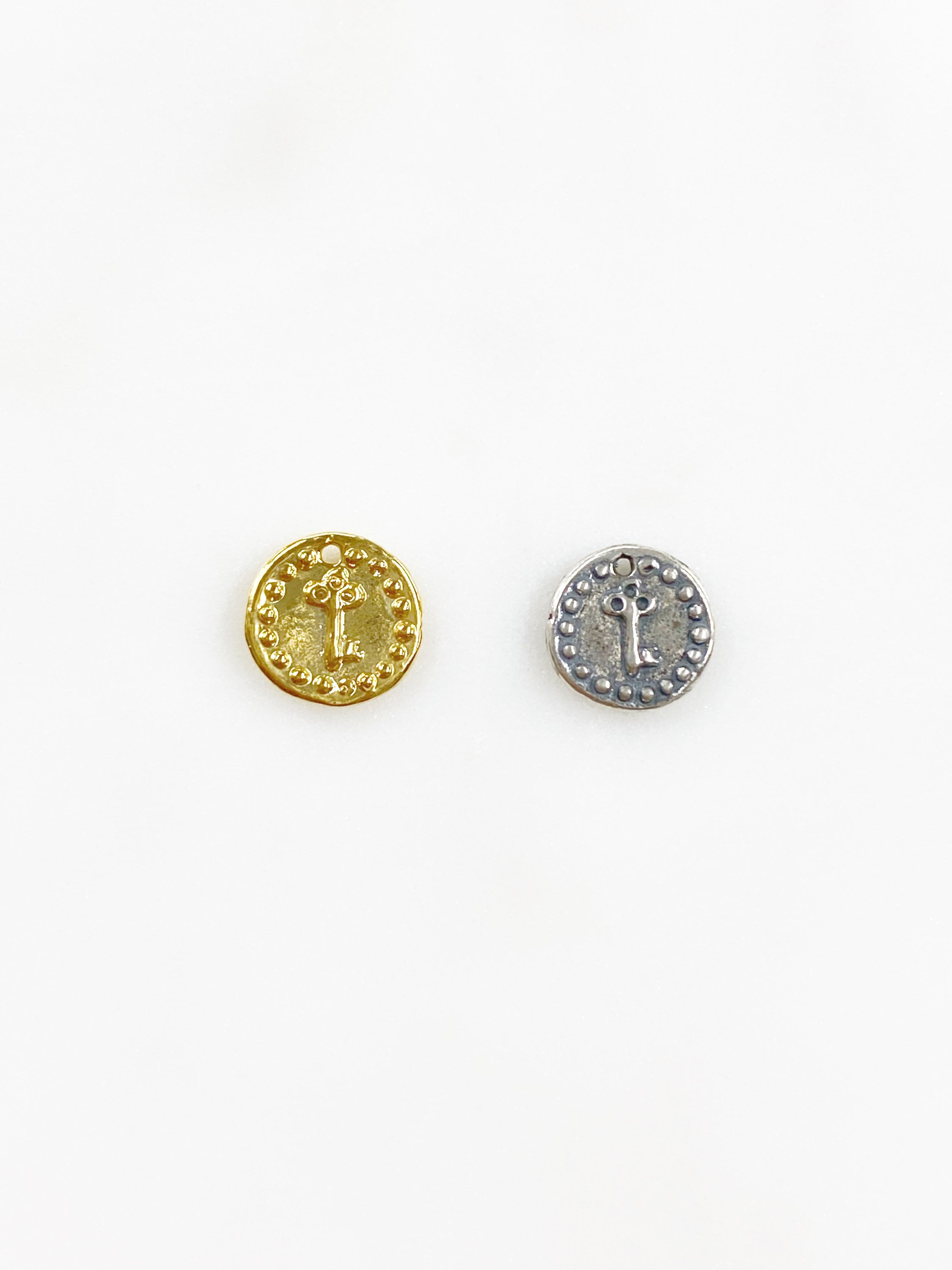 10mm Sterling Silver or Vermeil or Tiny Mini Key with Dots Circle Medallion