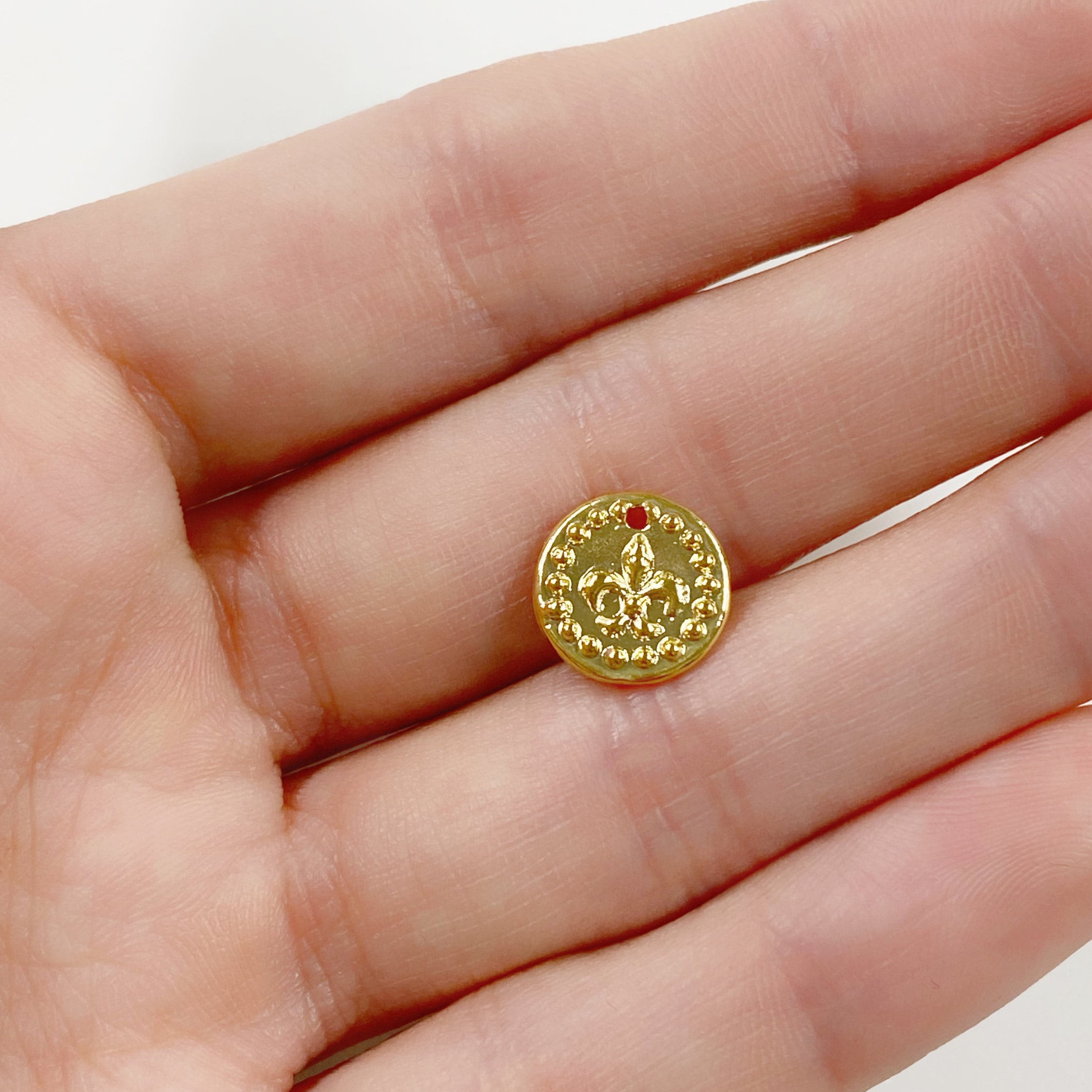 10mm Sterling Silver or Vermeil or Tiny Mini Fleur De Lis with Dots Circle