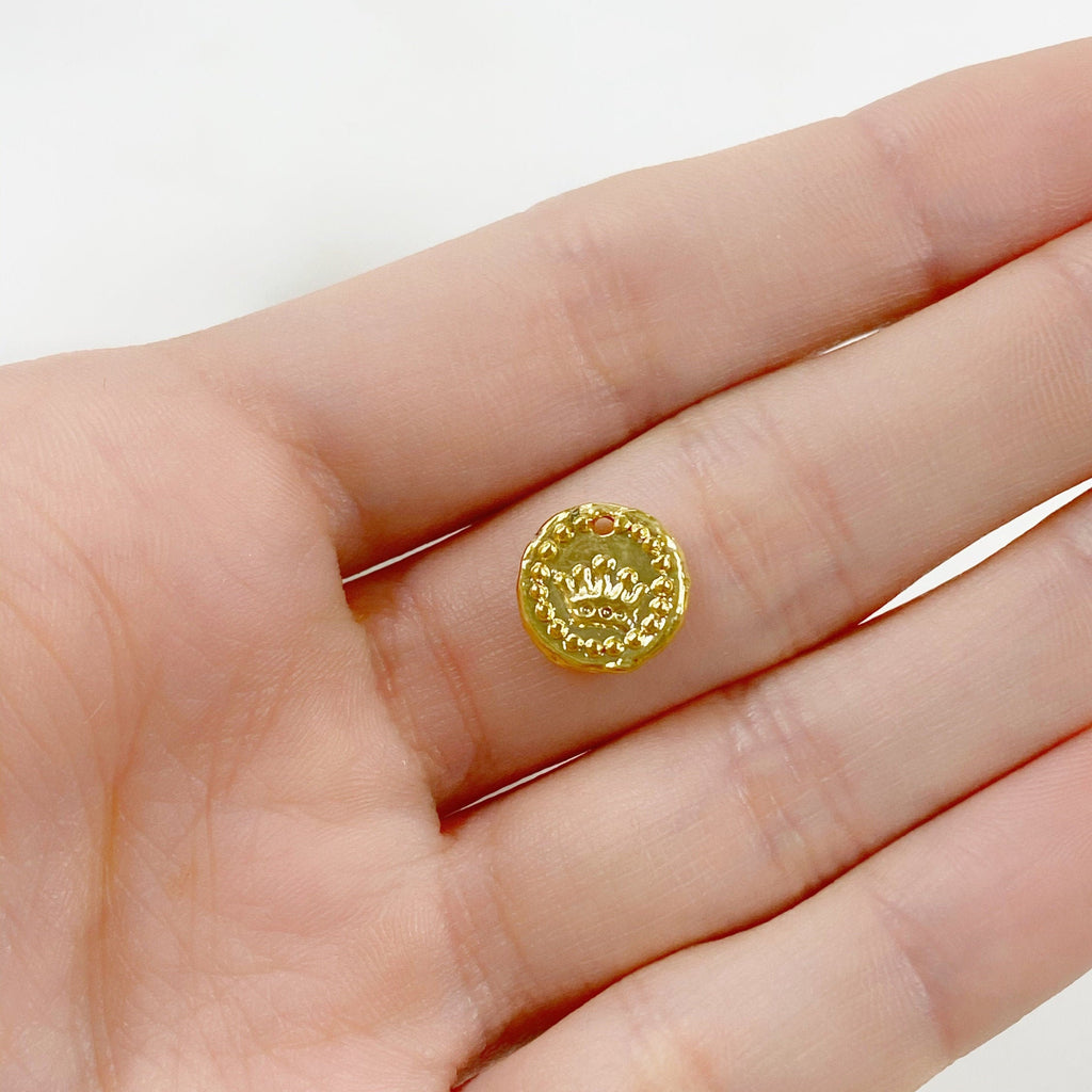Sterling Silver or Vermeil or Tiny Mini Crown with Dots Circle Medallion Coin