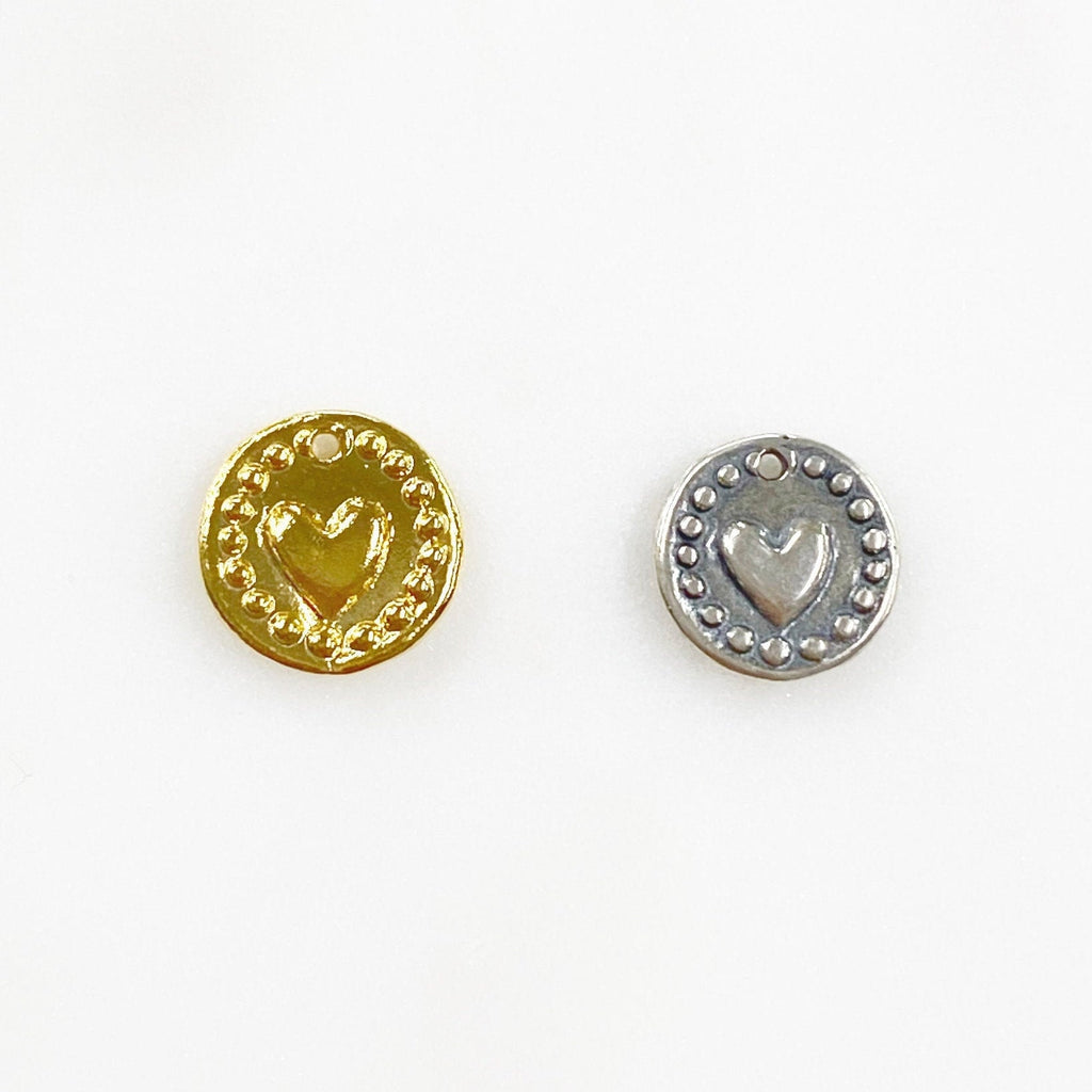 10mm Sterling Silver or Vermeil or Tiny Mini Heart with Dots Circle Medallion