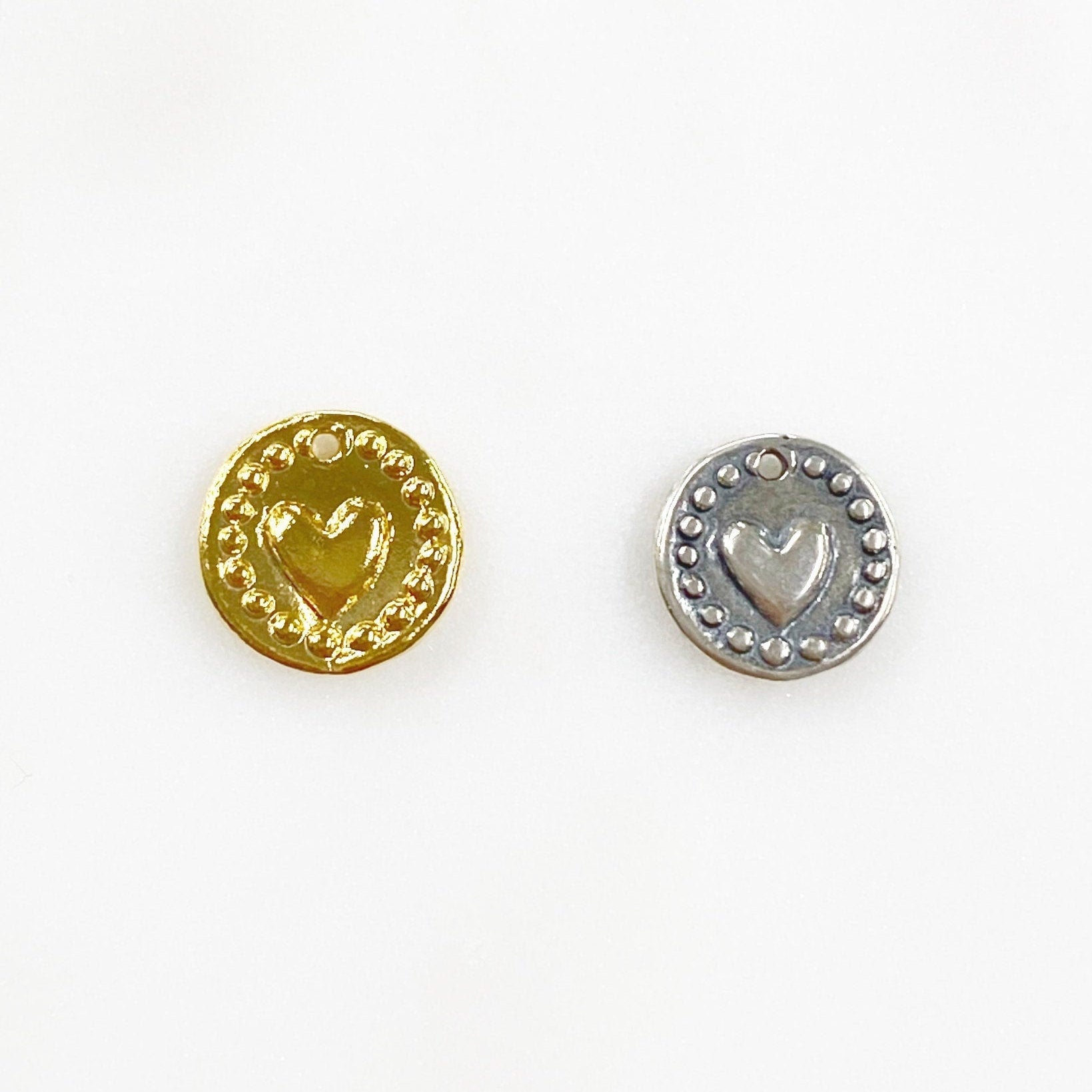 10mm Sterling Silver or Vermeil or Tiny Mini Heart with Dots Circle Medallion