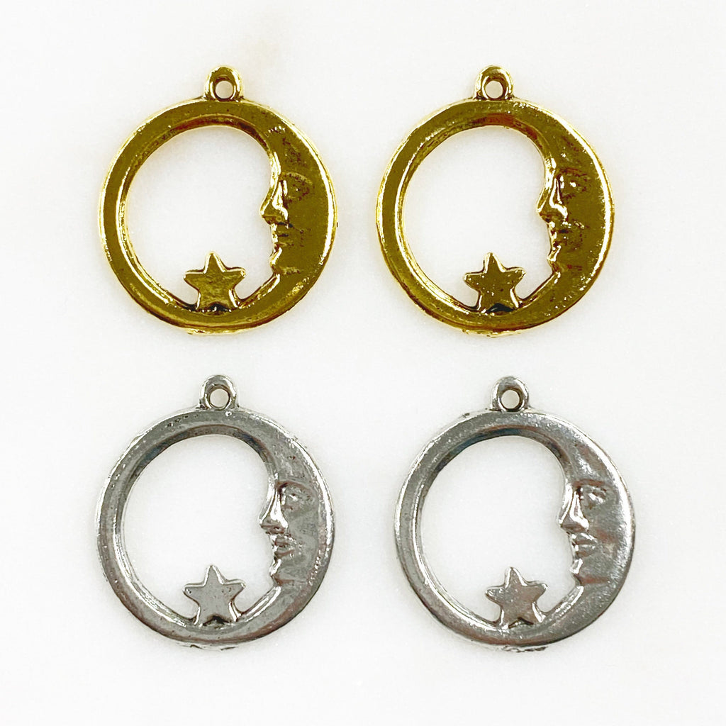 Pewter Crescent Moon with Star Starry Night Moon in the Stars (2pc)