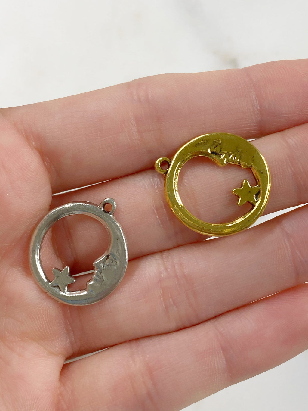 Pewter Crescent Moon with Star Starry Night Moon in the Stars (2pc)