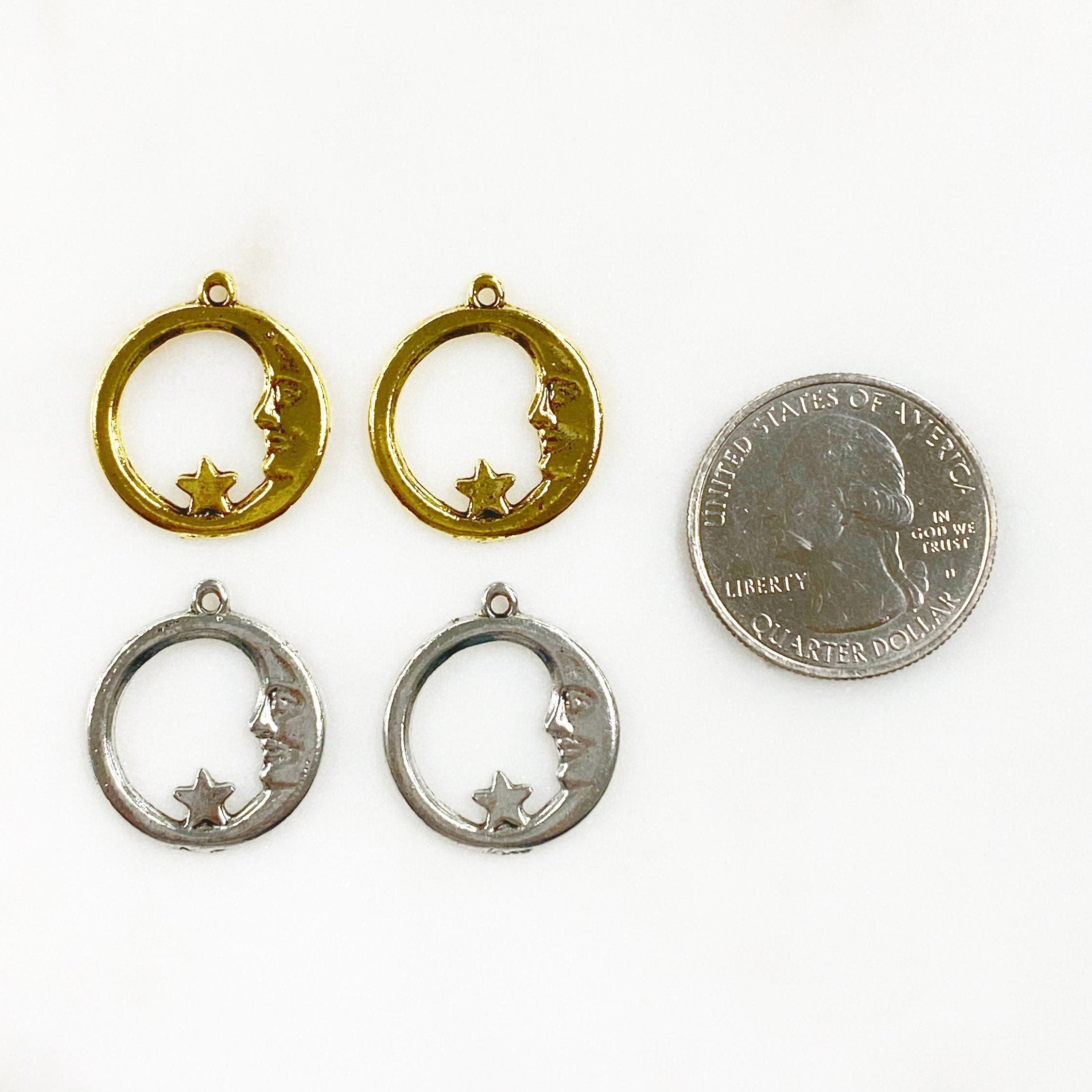 Pewter Crescent Moon with Star Starry Night Moon in the Stars (2pc)