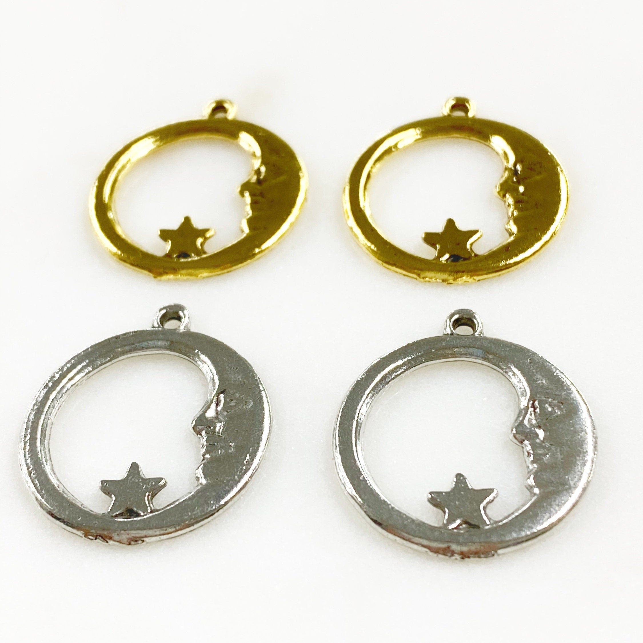 Pewter Crescent Moon with Star Starry Night Moon in the Stars (2pc)
