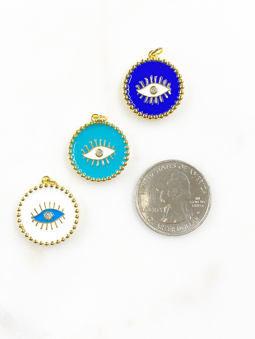 Gold Plated Evil Eye Protection Charm with CZ Center Enamel Evil