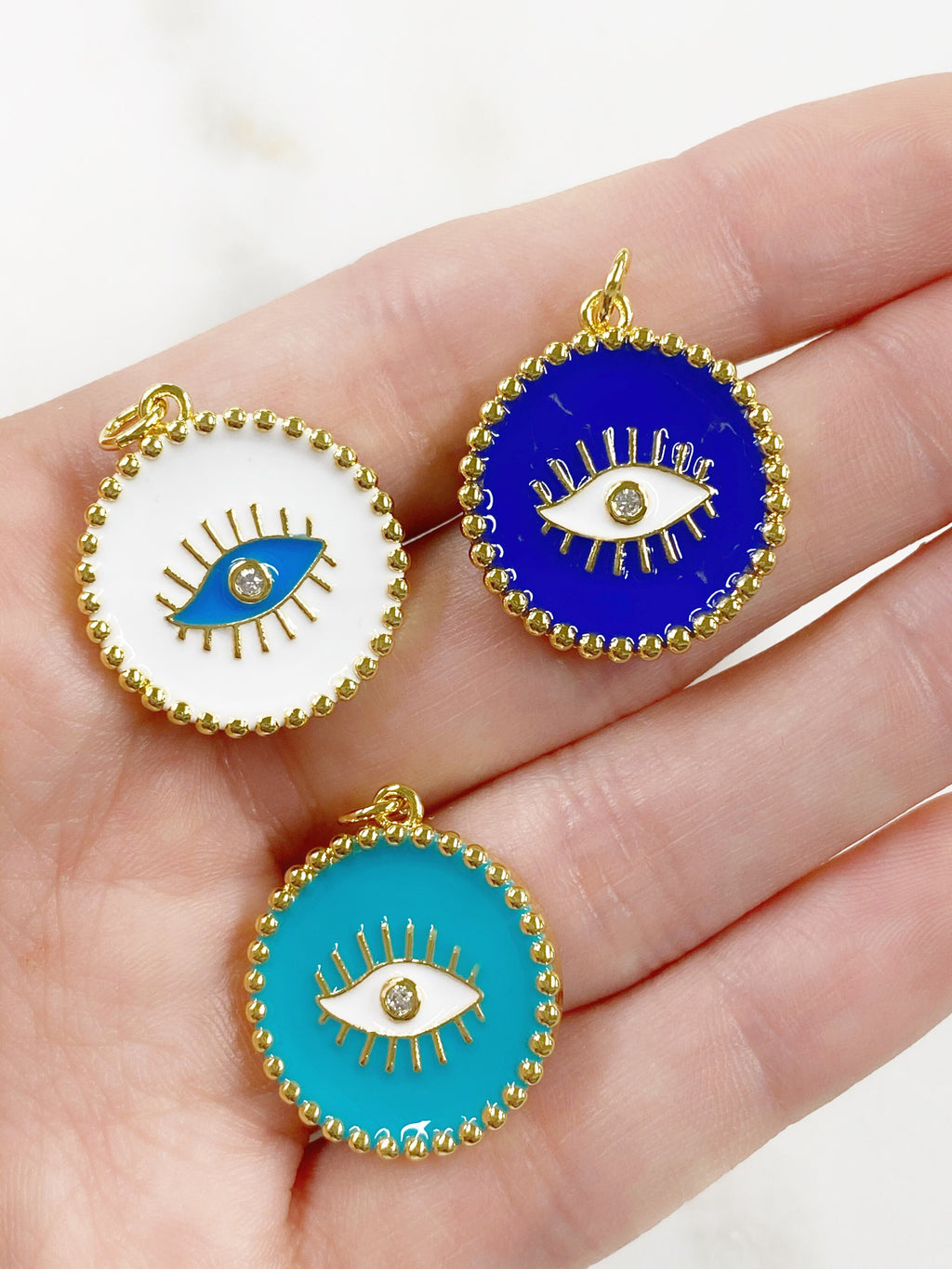 Gold Plated Evil Eye Protection Charm with CZ Center Enamel Evil