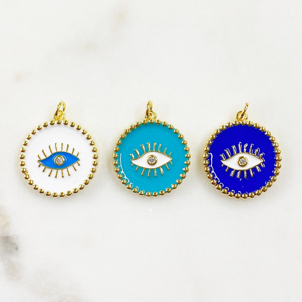 Gold Plated Evil Eye Protection Charm with CZ Center Enamel Evil