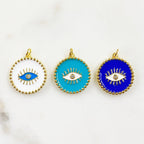 Gold Plated Evil Eye Protection Charm with CZ Center Enamel Evil