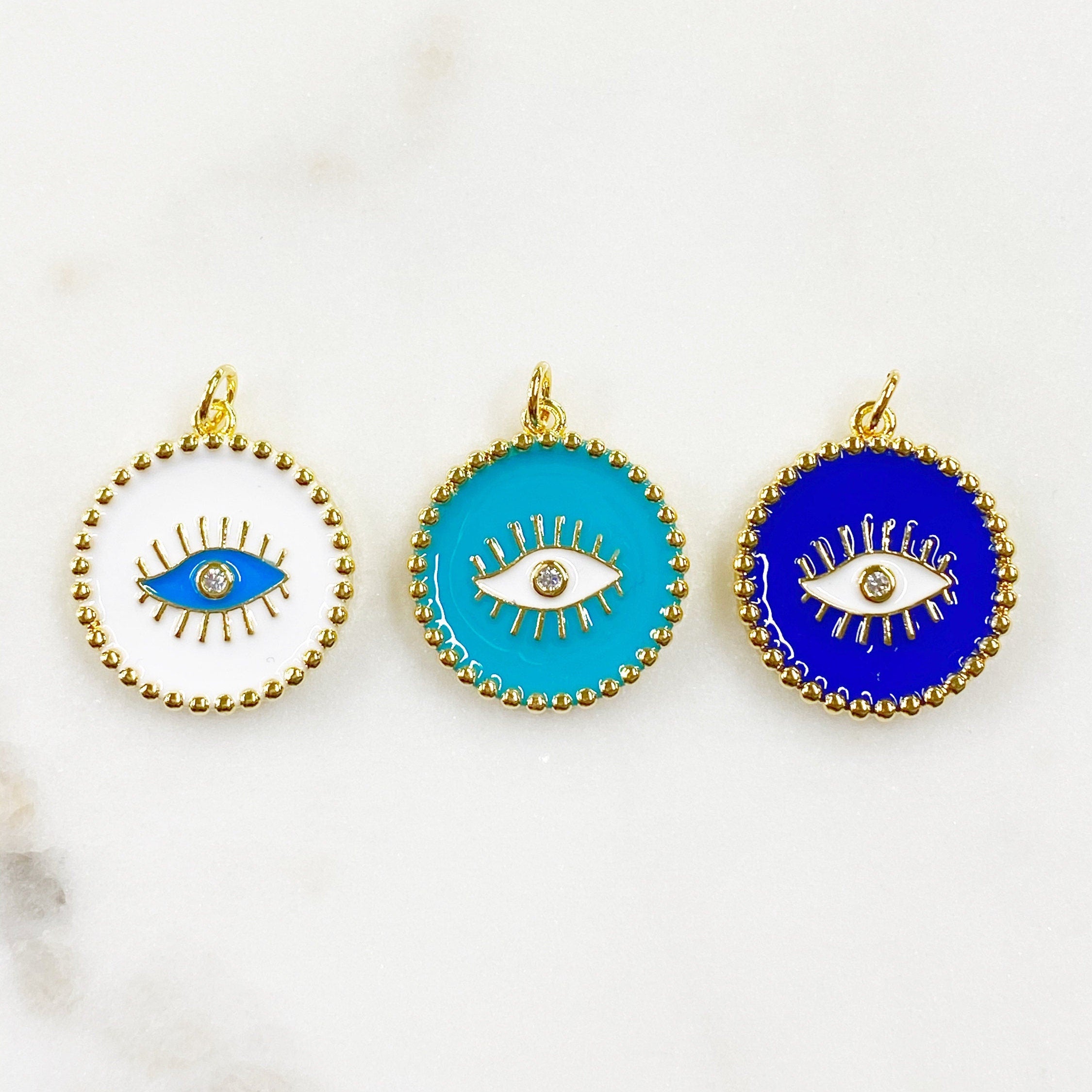 Gold Plated Evil Eye Protection Charm with CZ Center Enamel Evil