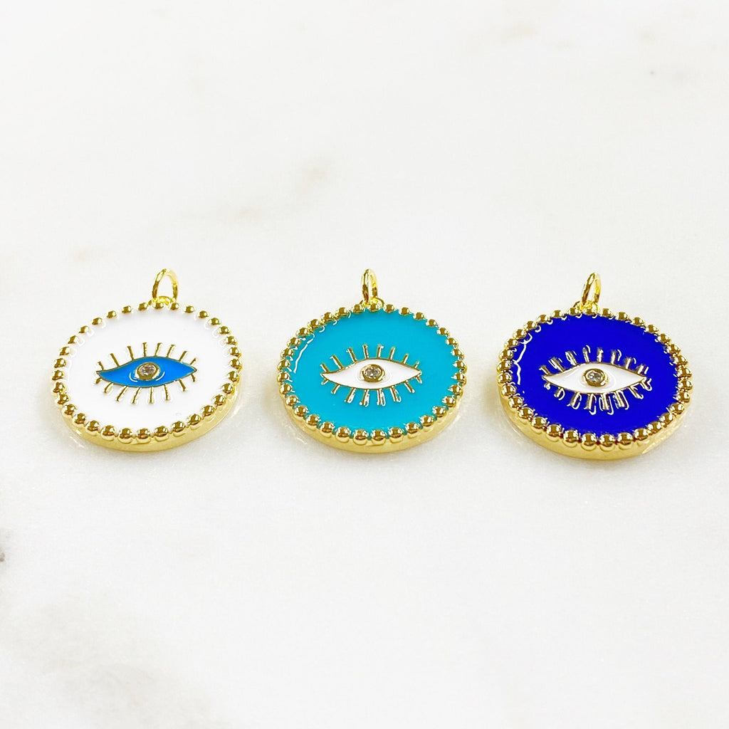 Gold Plated Evil Eye Protection Charm with CZ Center Enamel Evil