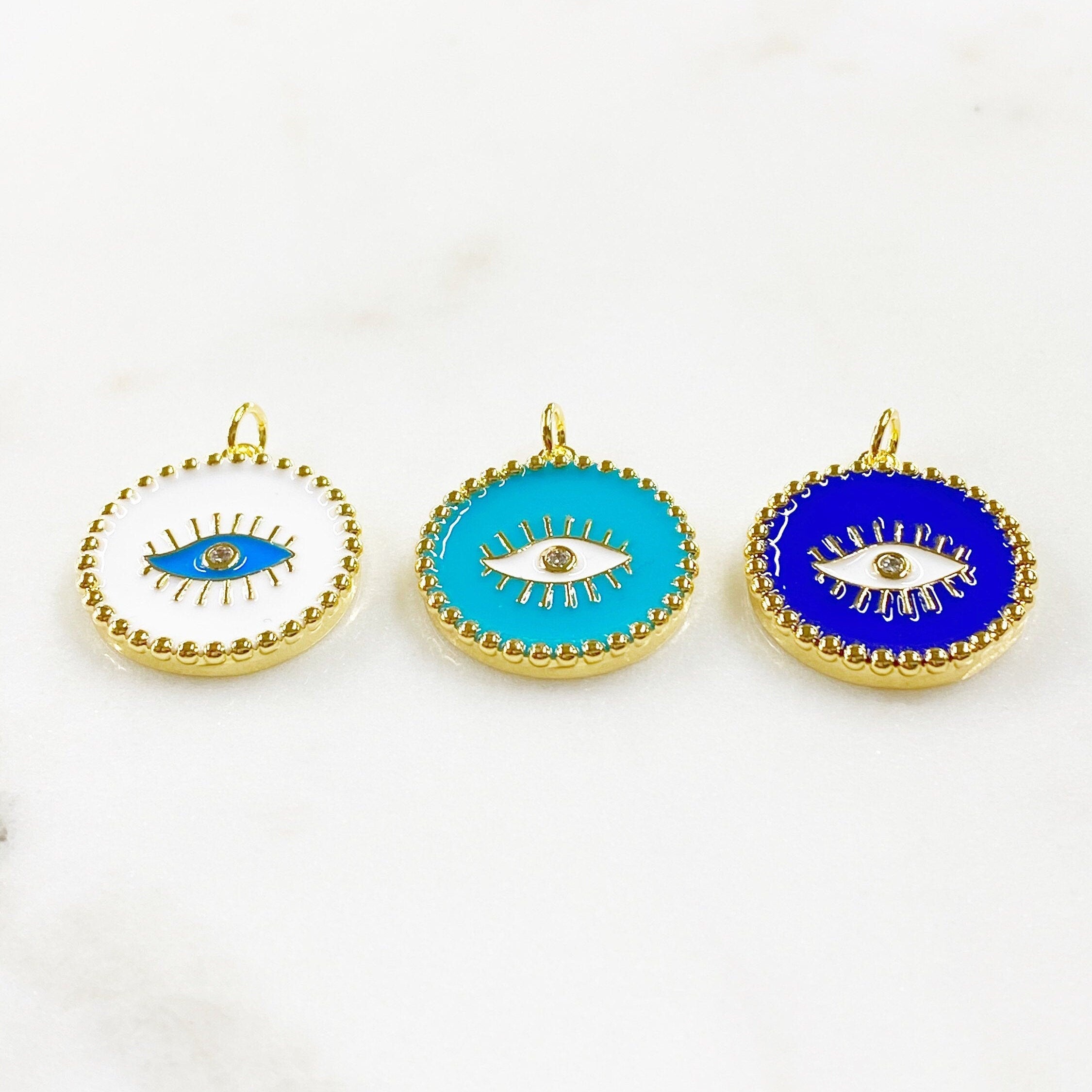 Gold Plated Evil Eye Protection Charm with CZ Center Enamel Evil