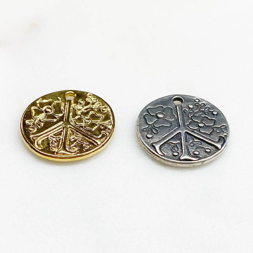 Sterling Silver or Vermeil Floral or Peace Sign Circle Charm Medallion Hippie
