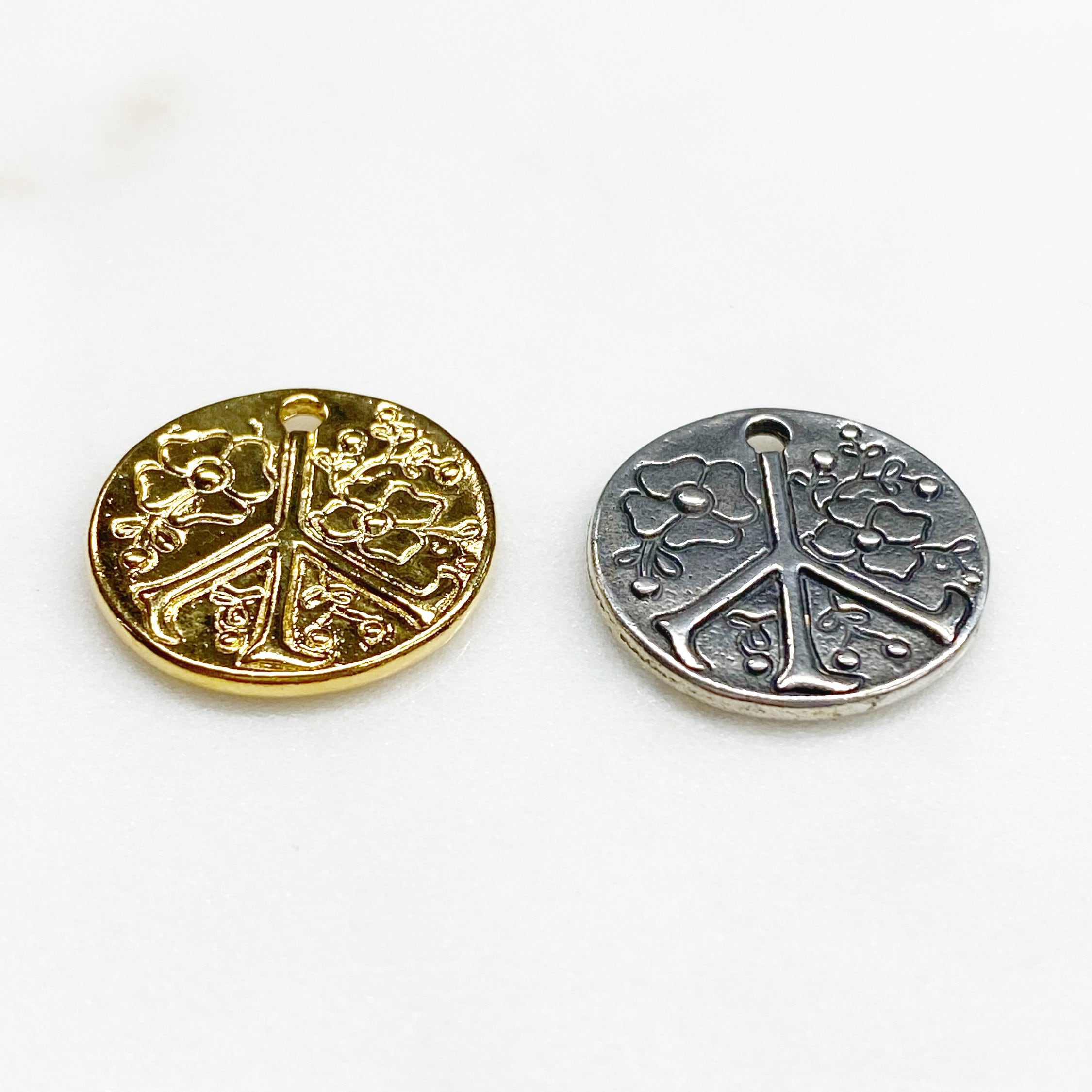Sterling Silver or Vermeil Floral or Peace Sign Circle Charm Medallion Hippie