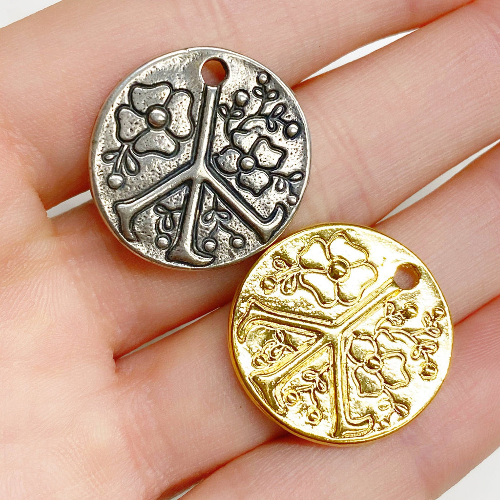 Sterling Silver or Vermeil Floral or Peace Sign Circle Charm Medallion Hippie