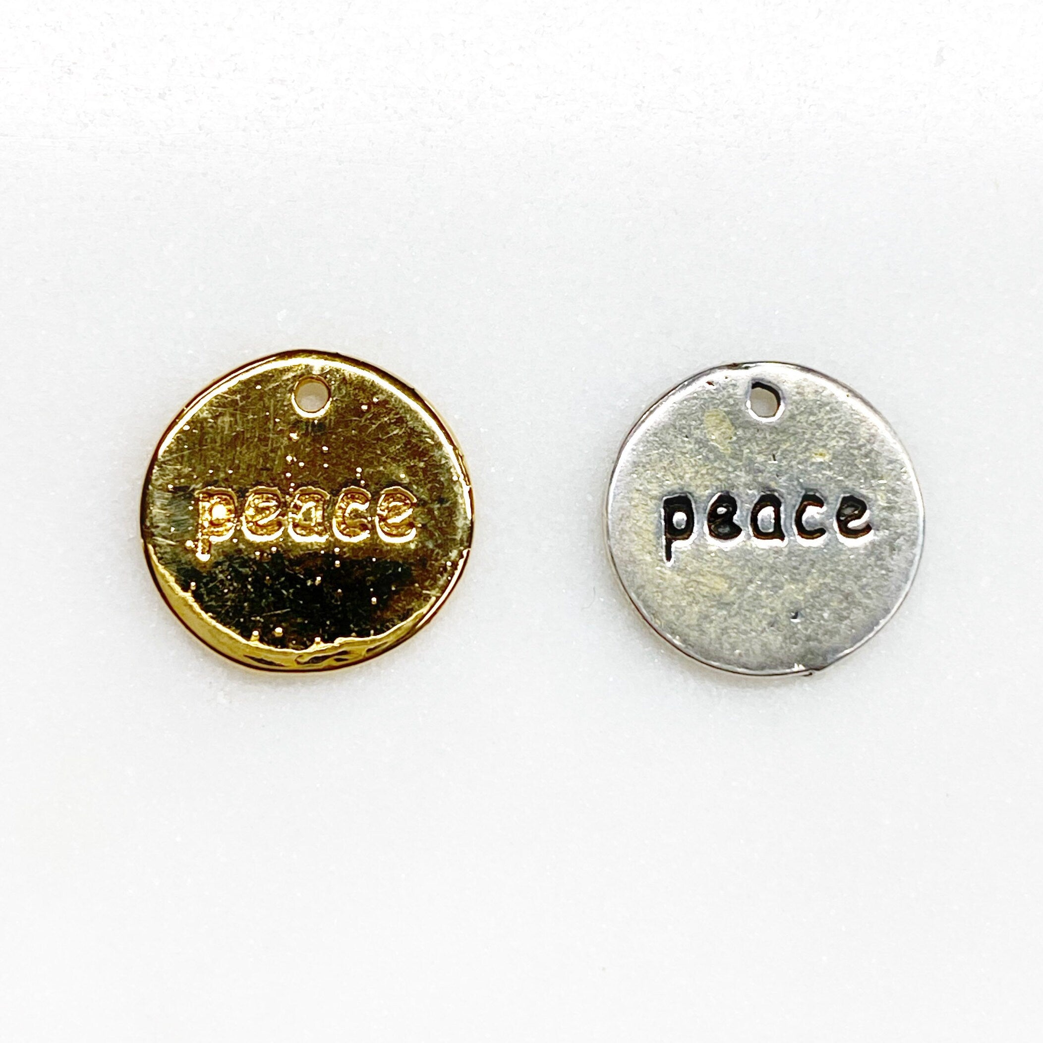 Sterling Silver or Vermeil Stamped Peace or Peace Circle Coin Charm Hippie