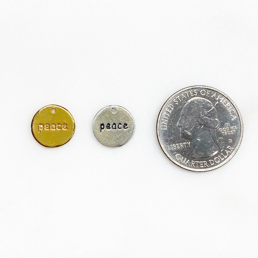 Sterling Silver or Vermeil Stamped Peace or Peace Circle Coin Charm Hippie